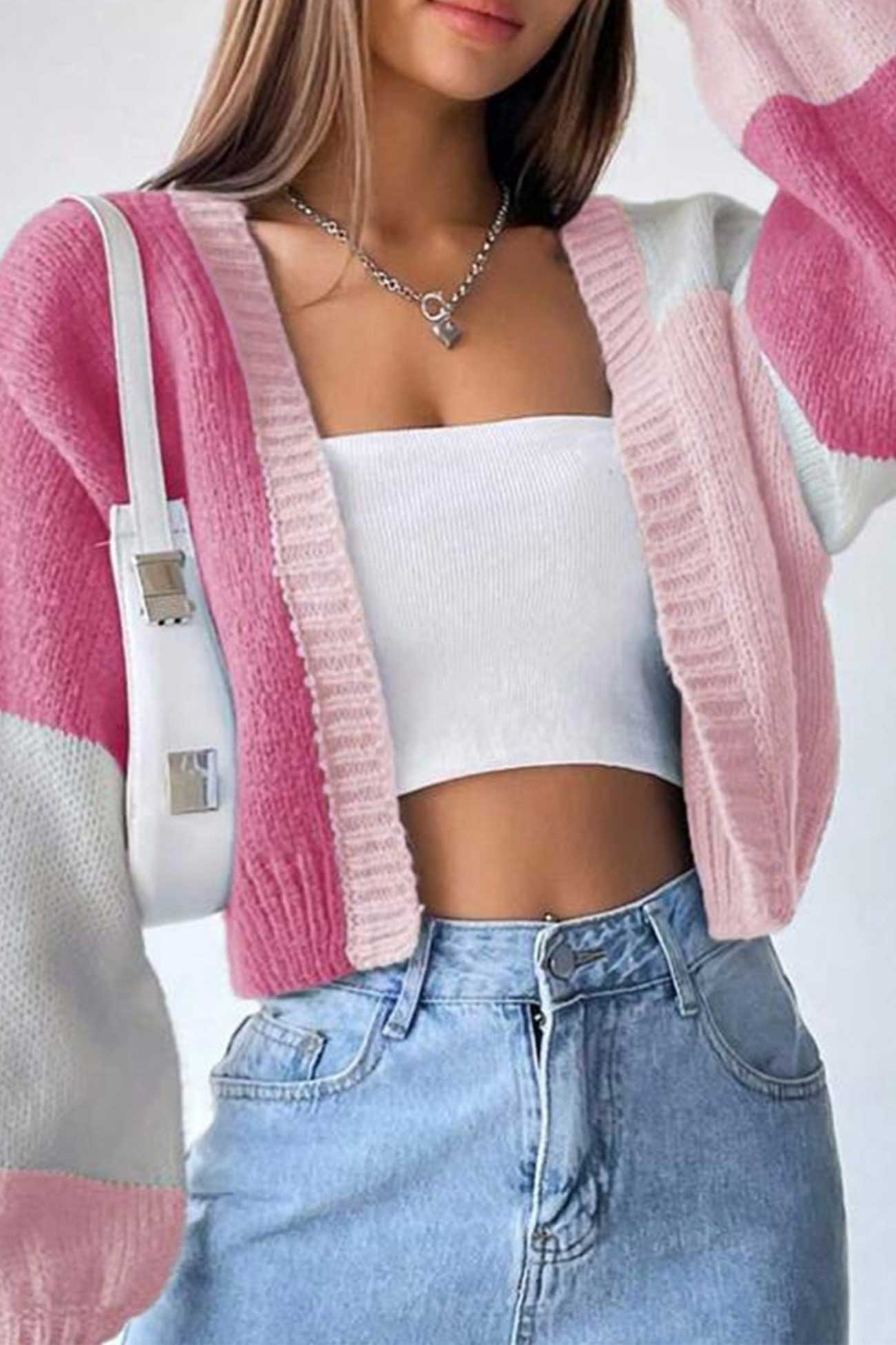 Colorblock Open Front Long Sleeve Cardigan