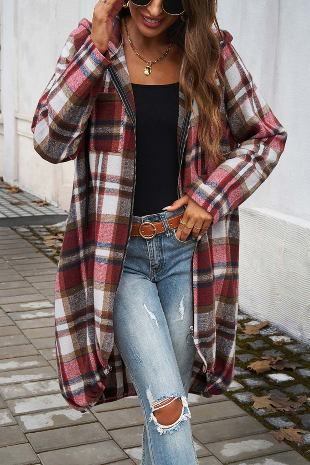 Contrast Plaid Zip-up Mid-length Hoodie