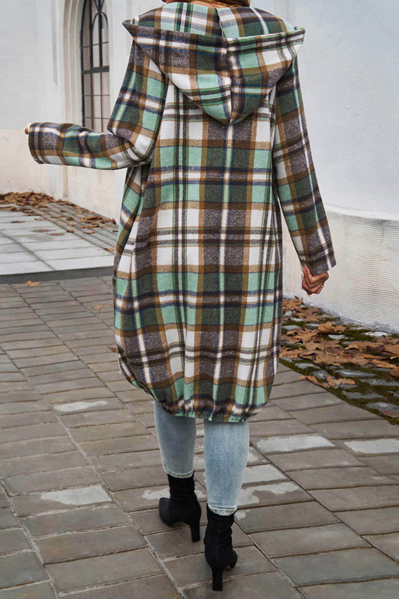 Contrast Plaid Zip-up Mid-length Hoodie