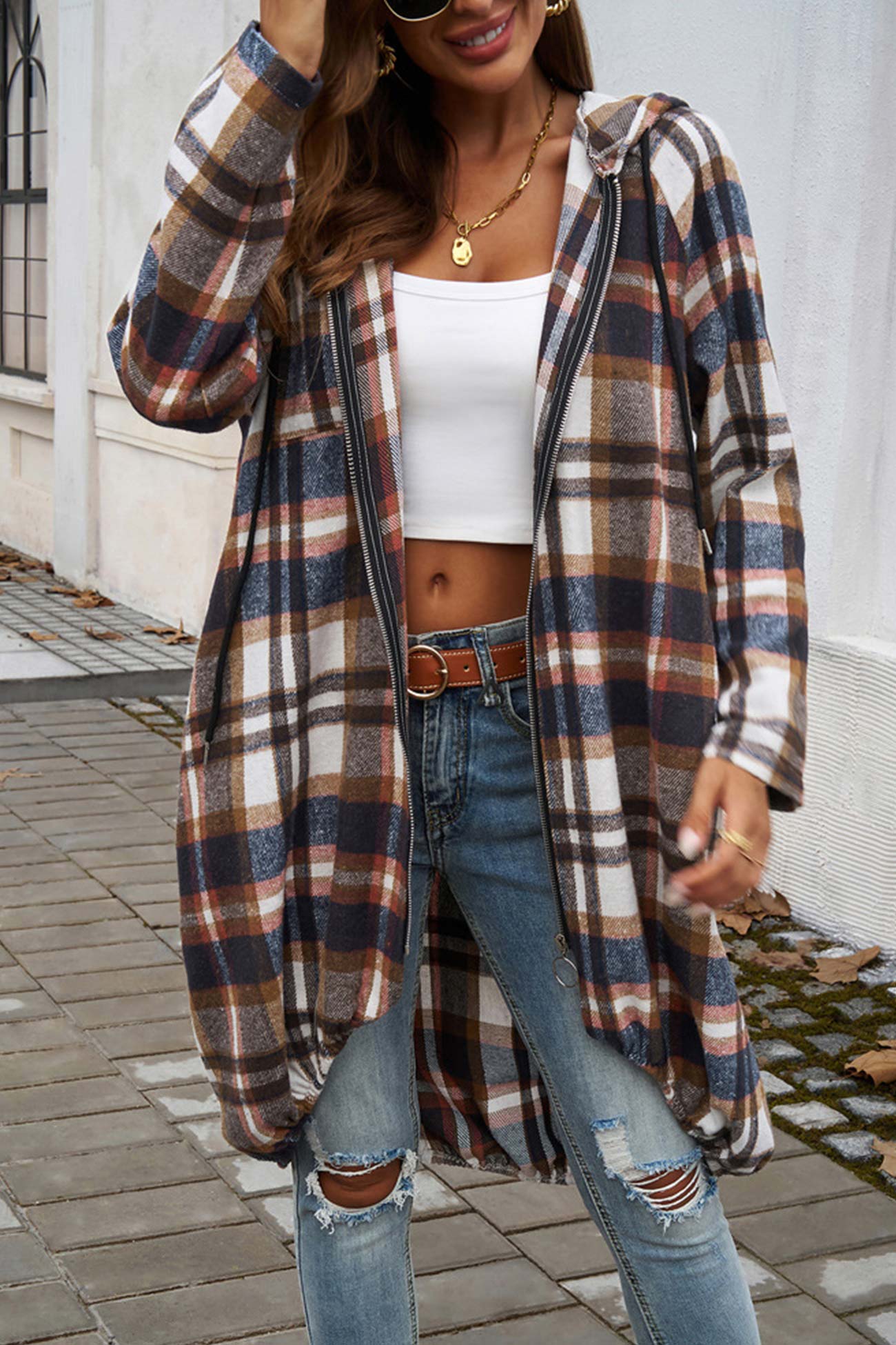 Contrast Plaid Zip-up Mid-length Hoodie