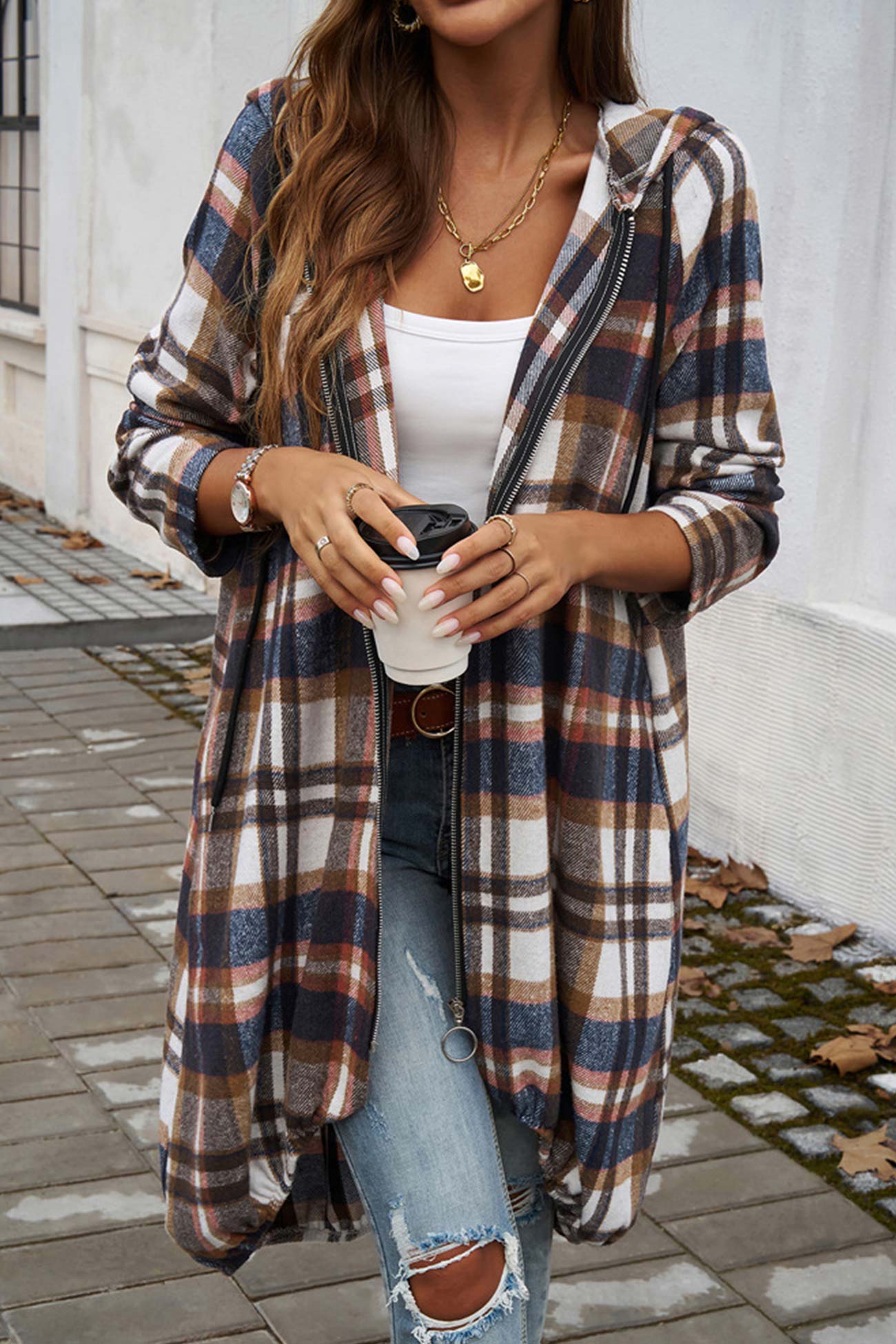 Contrast Plaid Zip-up Mid-length Hoodie