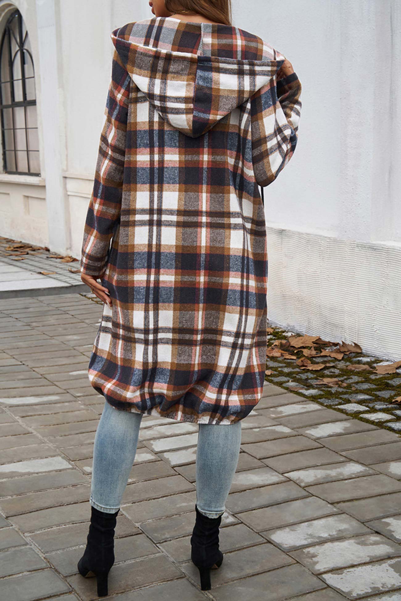 Contrast Plaid Zip-up Mid-length Hoodie