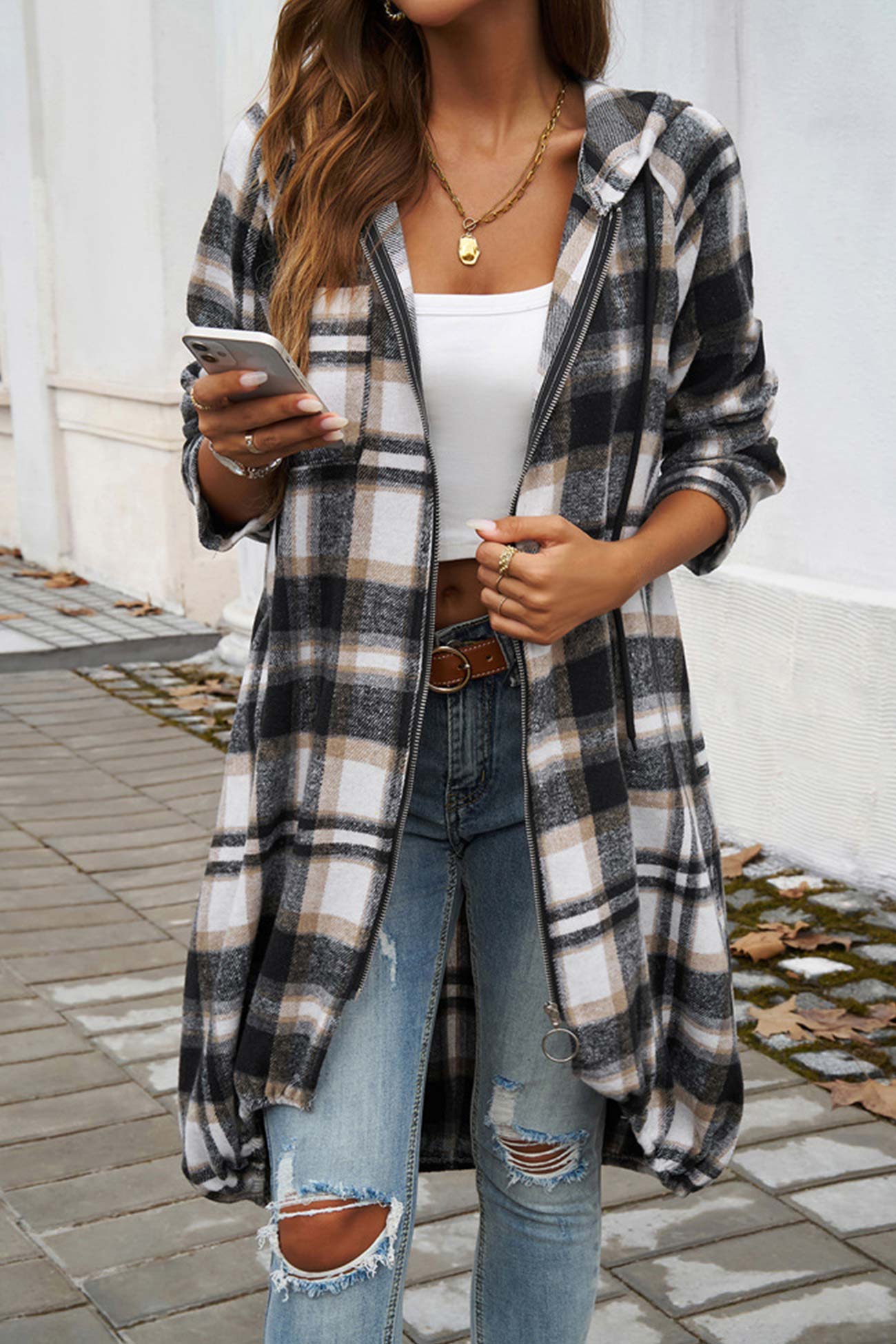 Contrast Plaid Zip-up Mid-length Hoodie