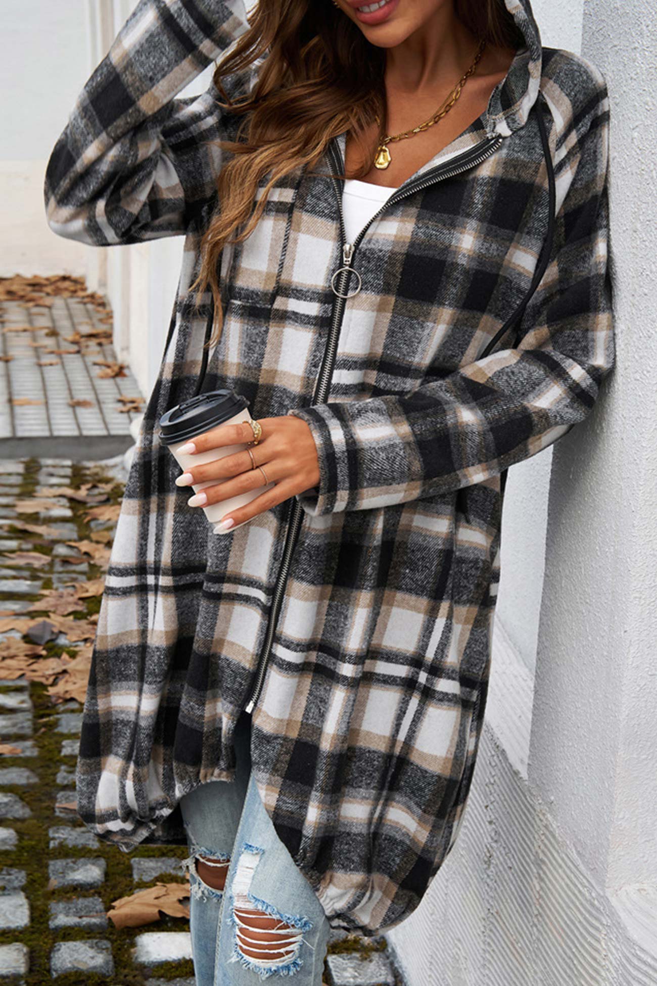 Contrast Plaid Zip-up Mid-length Hoodie