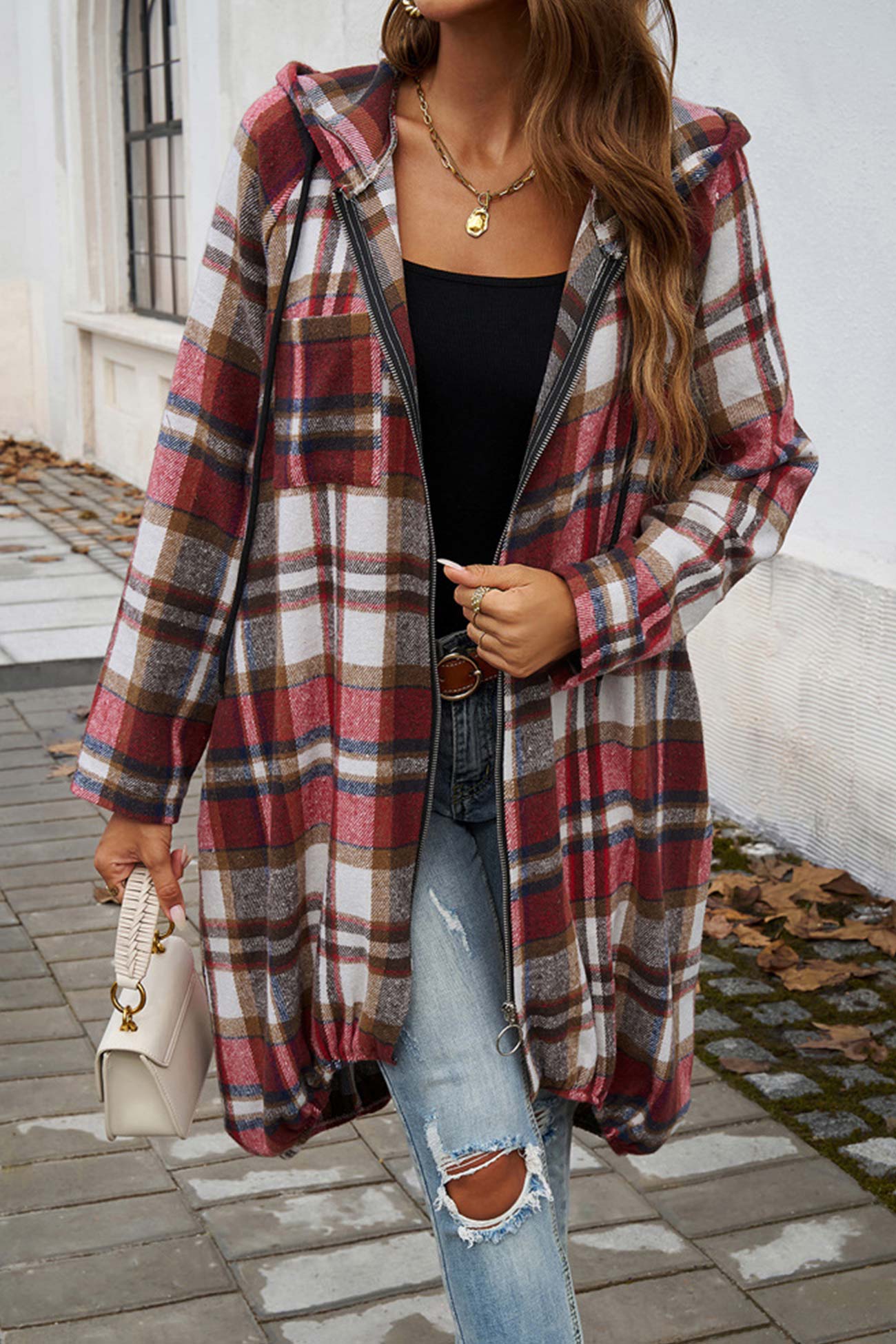 Contrast Plaid Zip-up Mid-length Hoodie