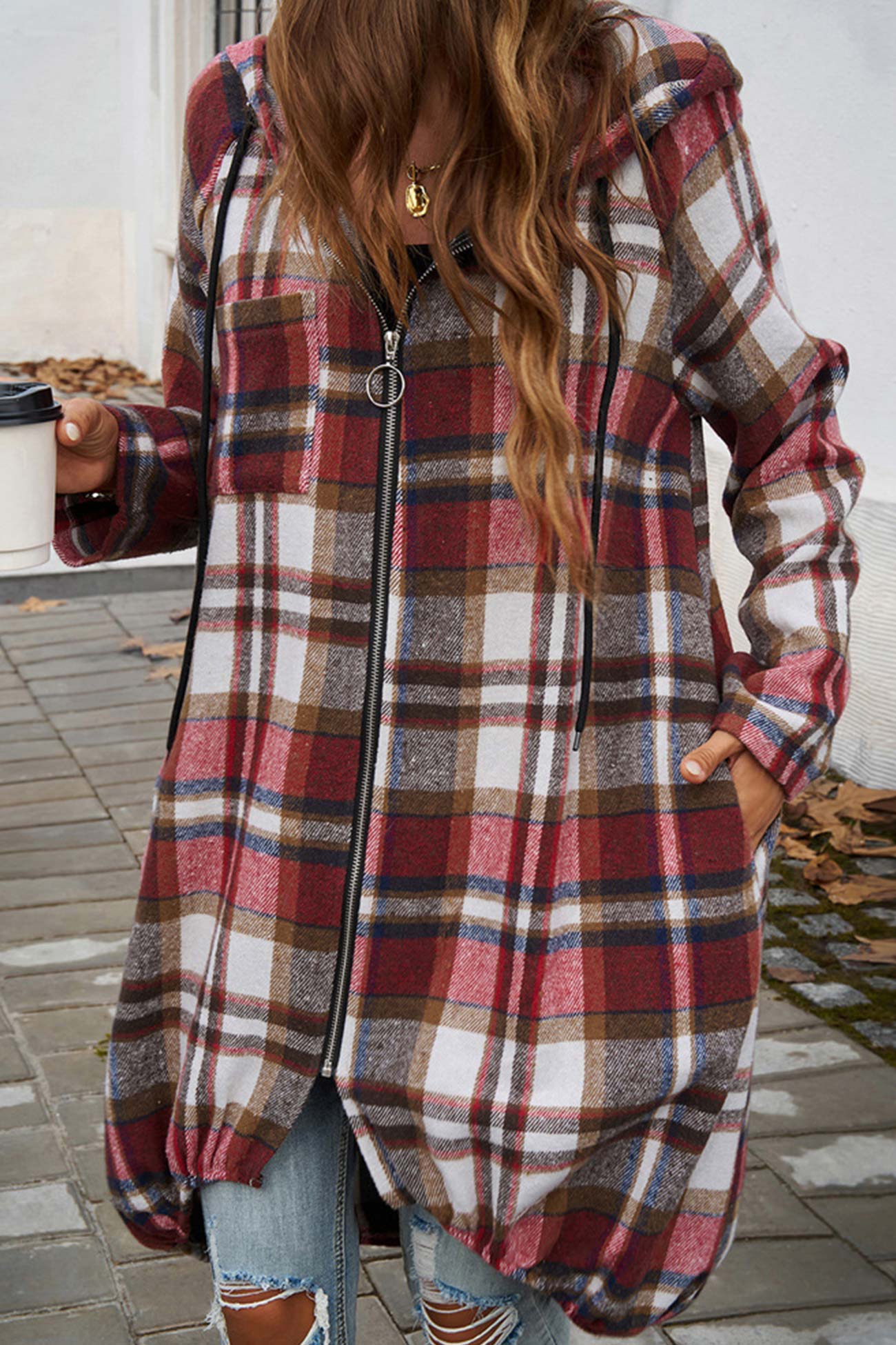 Contrast Plaid Zip-up Mid-length Hoodie