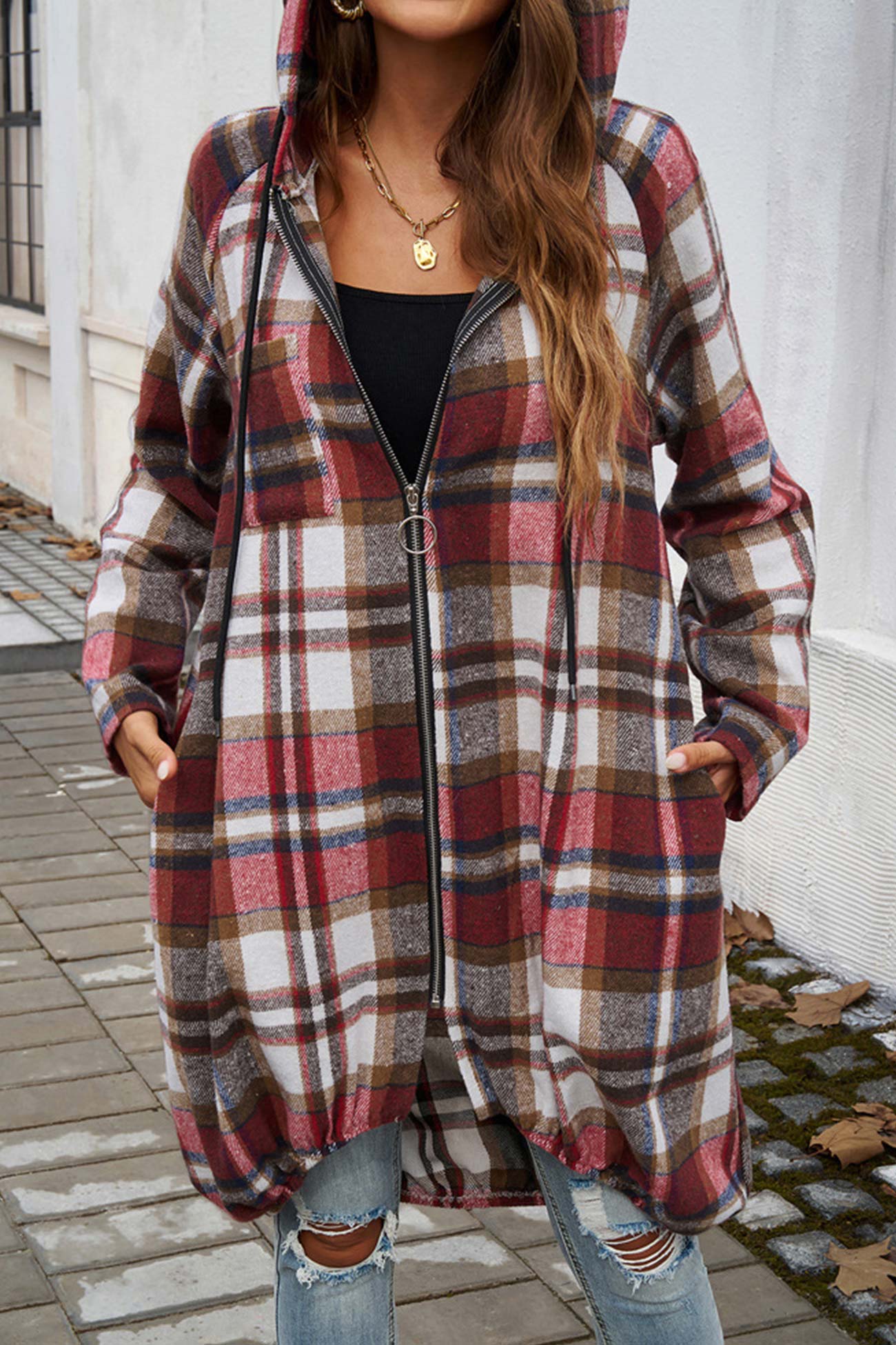 Contrast Plaid Zip-up Mid-length Hoodie