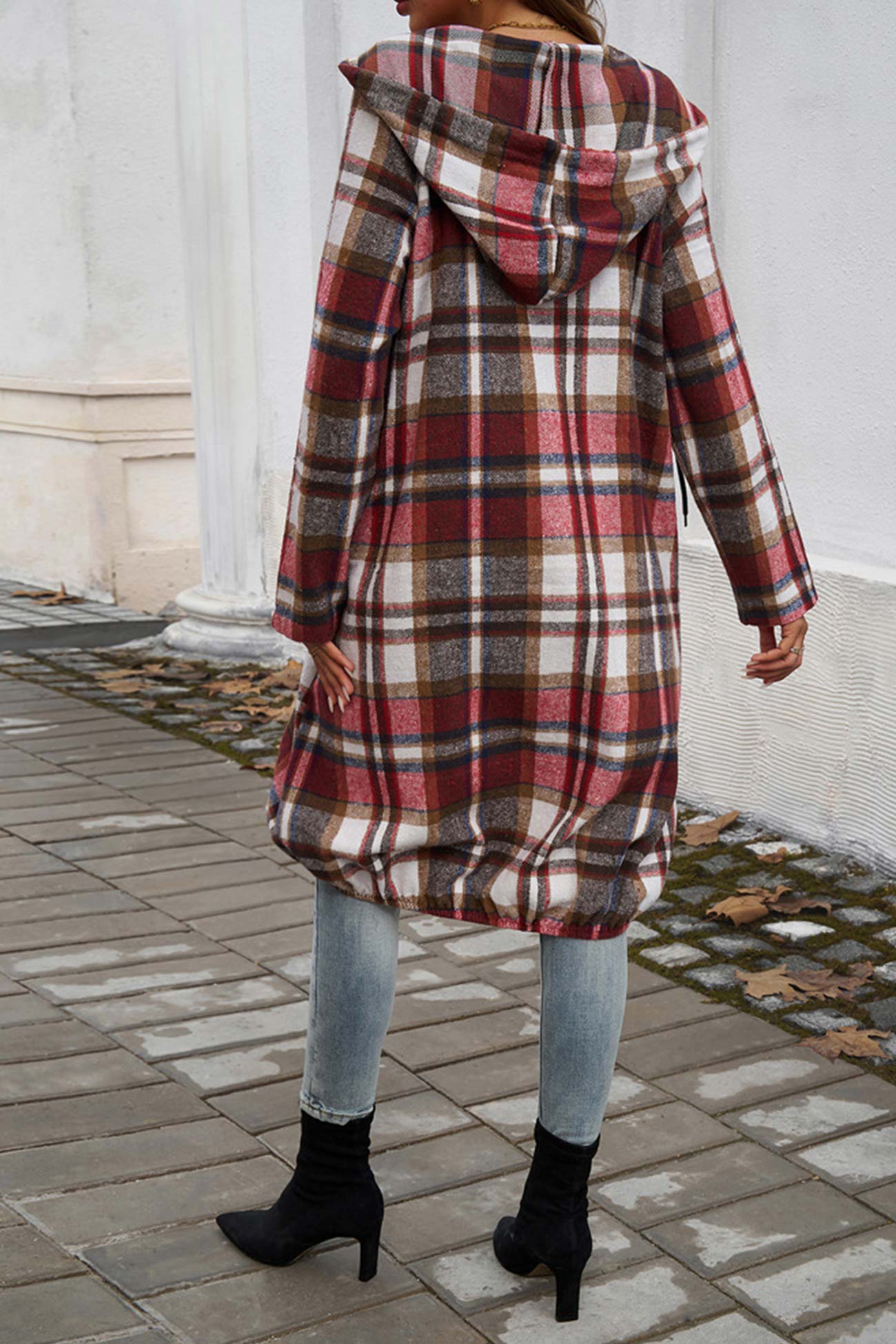 Contrast Plaid Zip-up Mid-length Hoodie