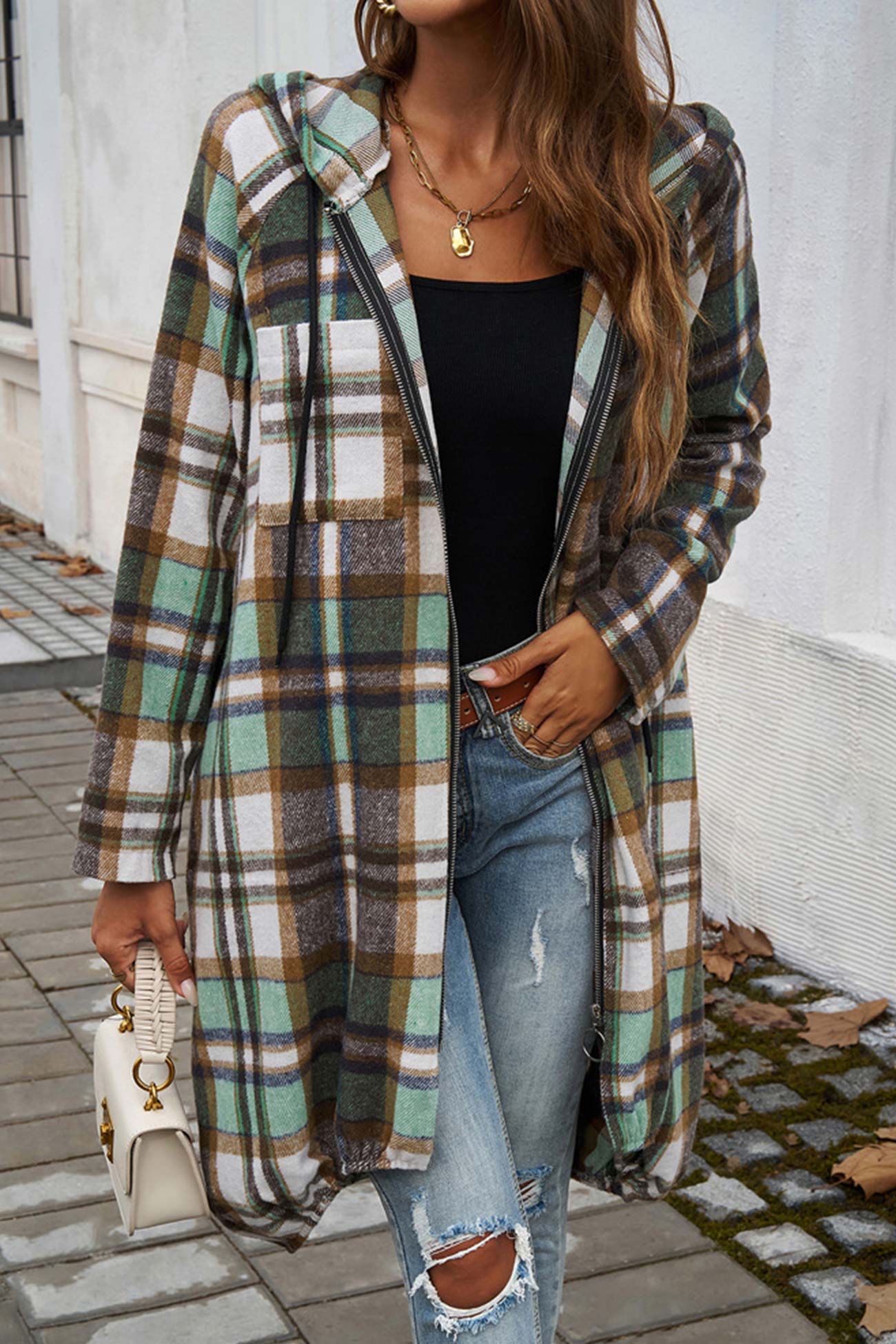 Contrast Plaid Zip-up Mid-length Hoodie