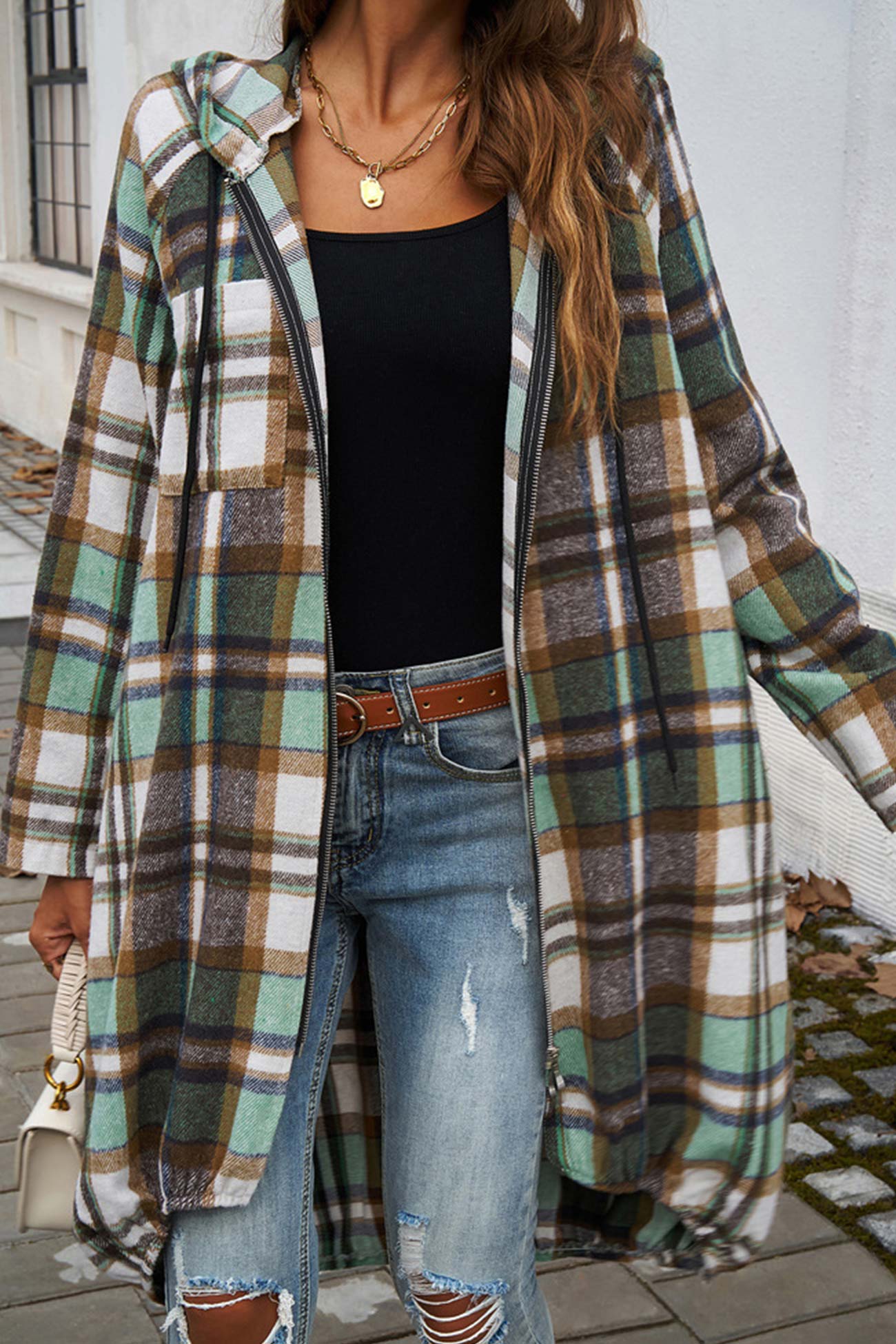 Contrast Plaid Zip-up Mid-length Hoodie