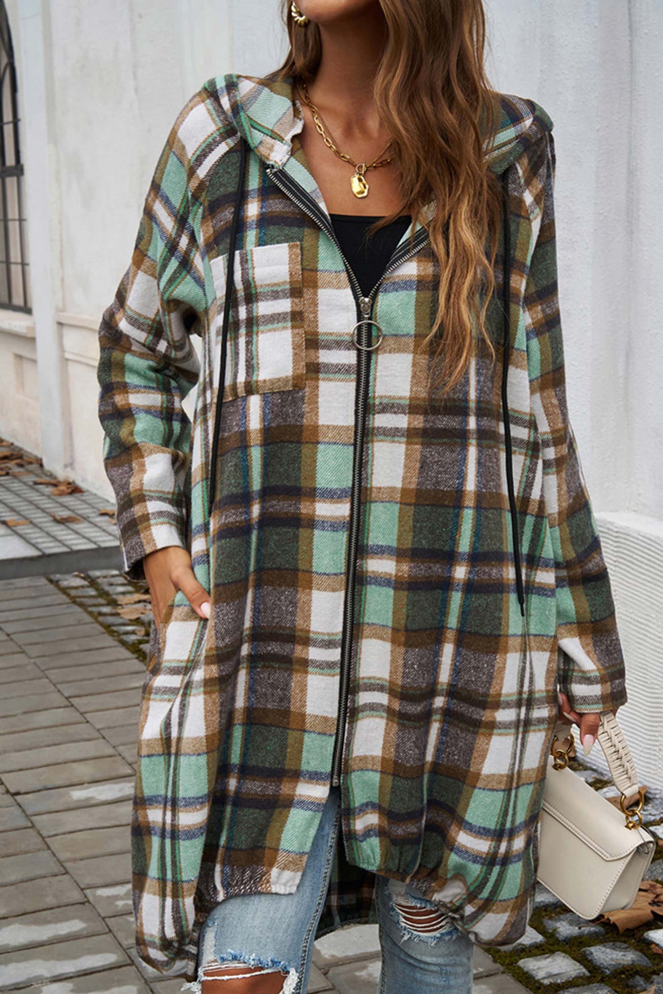 Contrast Plaid Zip-up Mid-length Hoodie