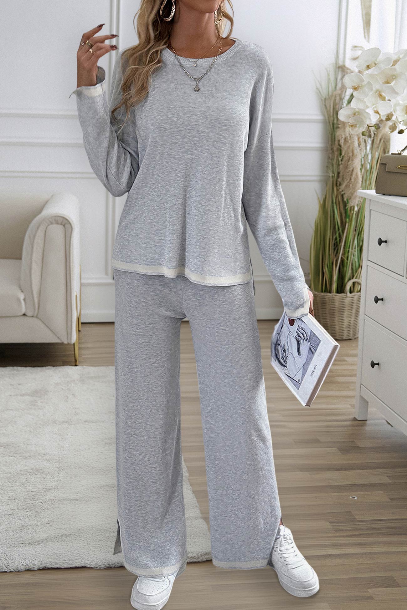 Contrast Slit Hem Knit Suits