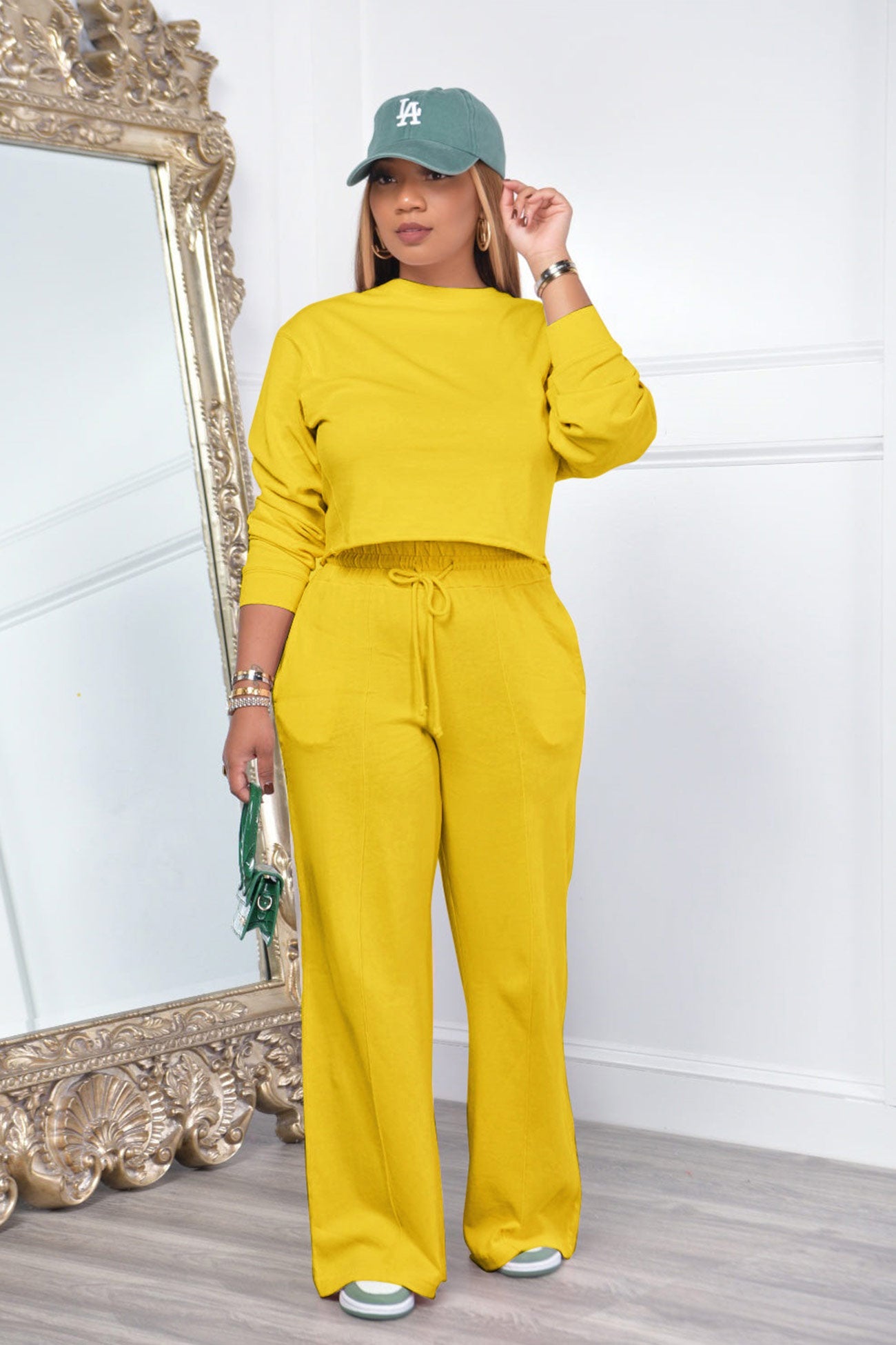 Crew Neck Crop Top Wide Leg Long Pants Suits