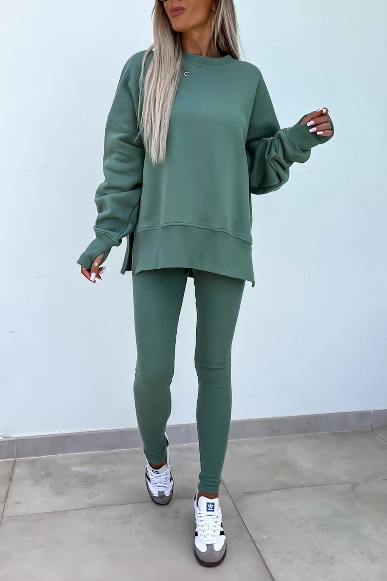 Crew Neck Slit Sweatshirt Legging Suits