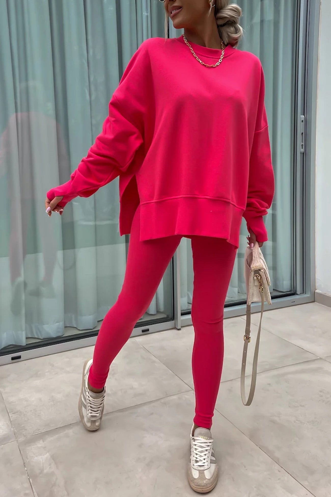 Crew Neck Slit Sweatshirt Legging Suits