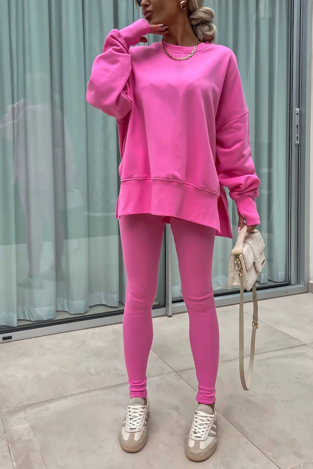 Crew Neck Slit Sweatshirt Legging Suits