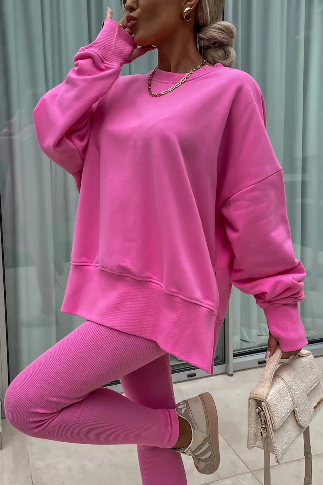 Crew Neck Slit Sweatshirt Legging Suits