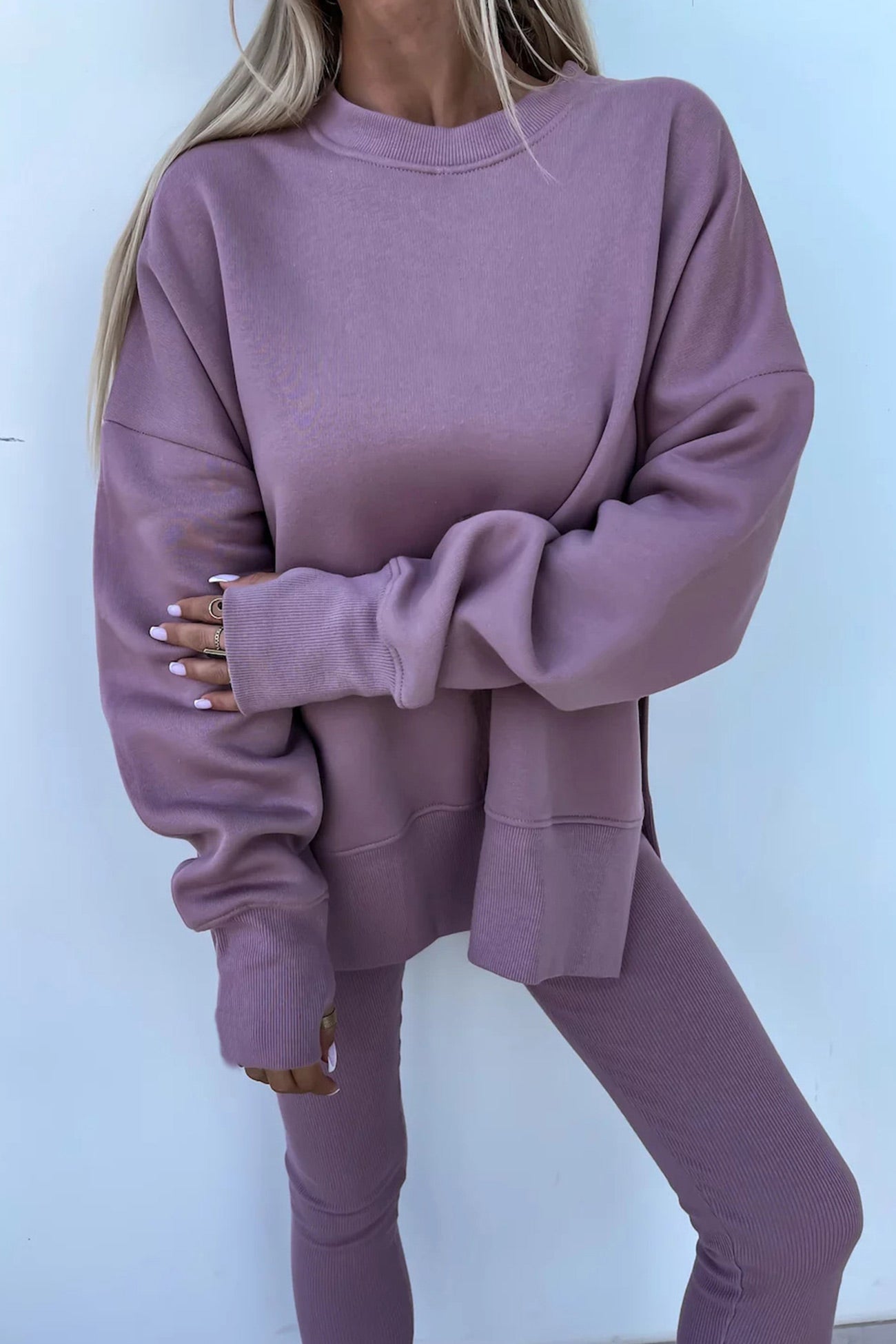 Crew Neck Slit Sweatshirt Legging Suits