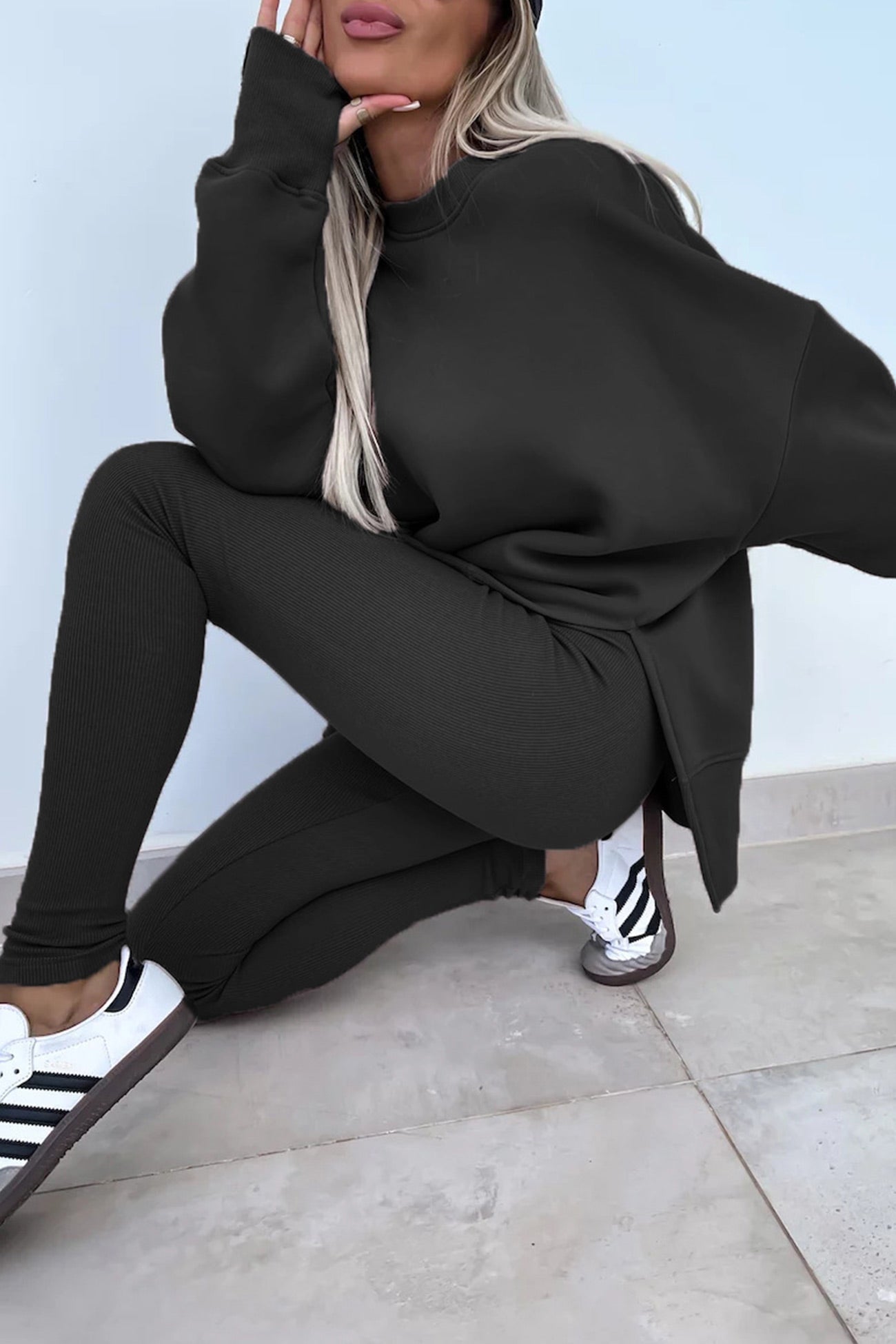 Crew Neck Slit Sweatshirt Legging Suits