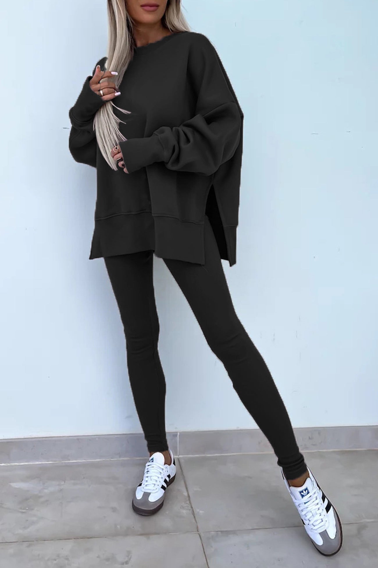 Crew Neck Slit Sweatshirt Legging Suits