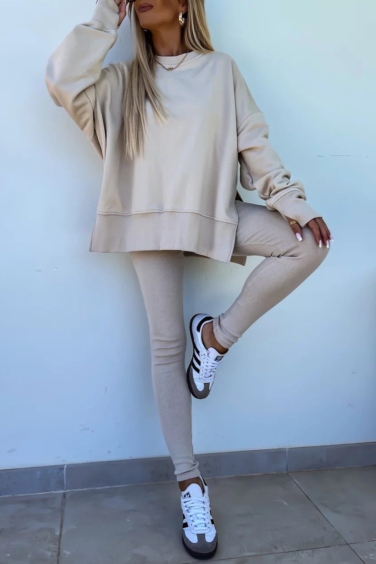 Crew Neck Slit Sweatshirt Legging Suits