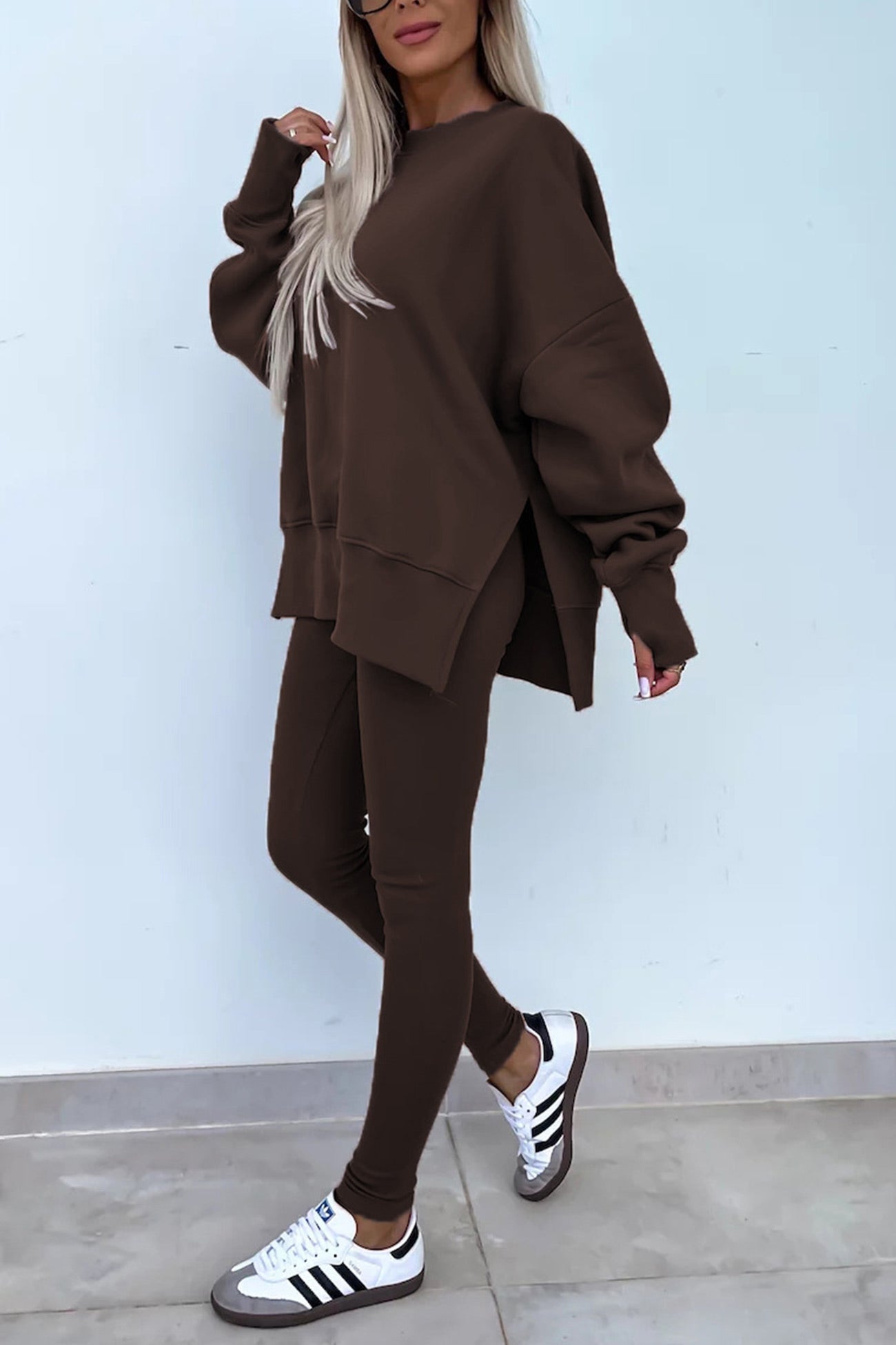 Crew Neck Slit Sweatshirt Legging Suits