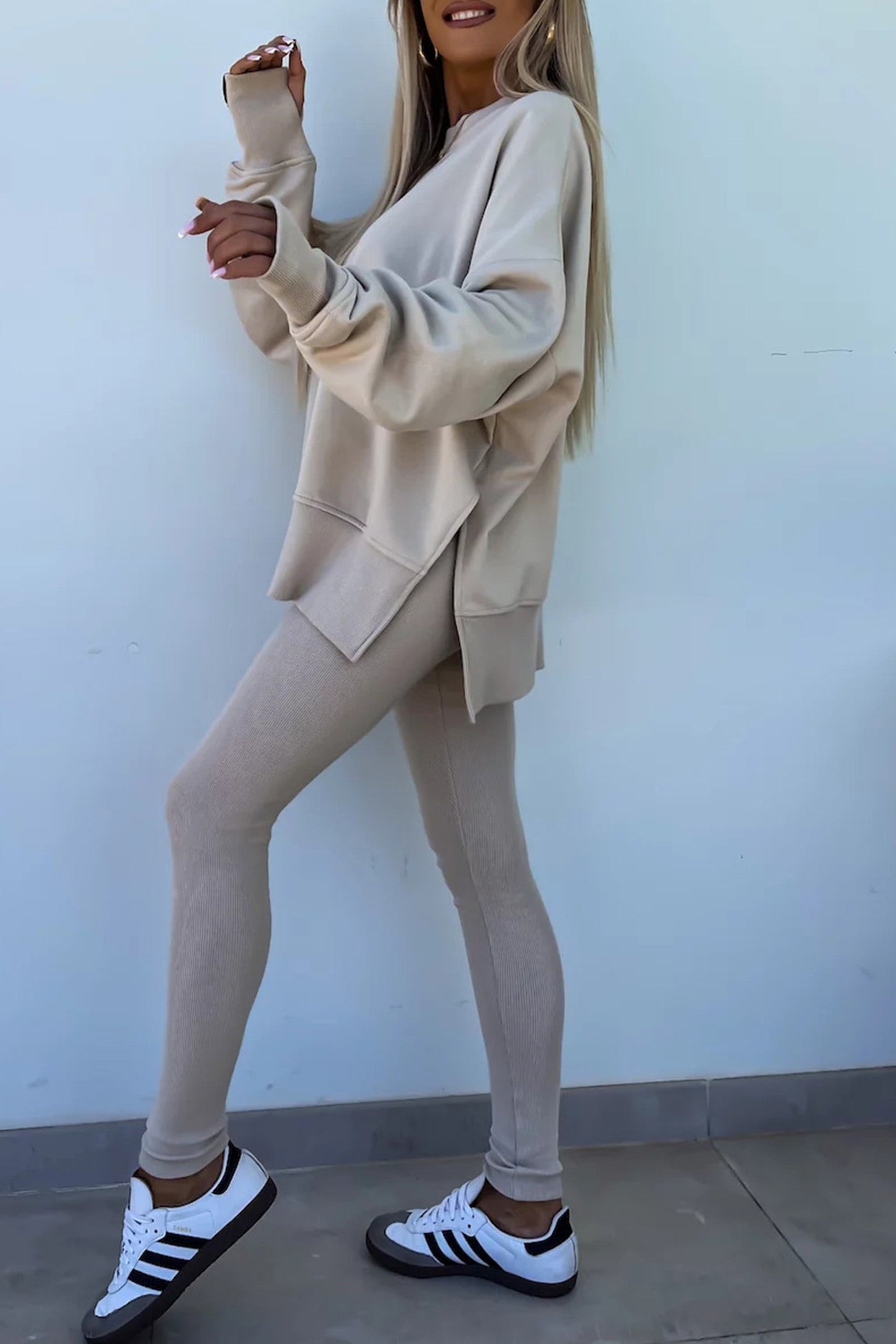 Crew Neck Slit Sweatshirt Legging Suits