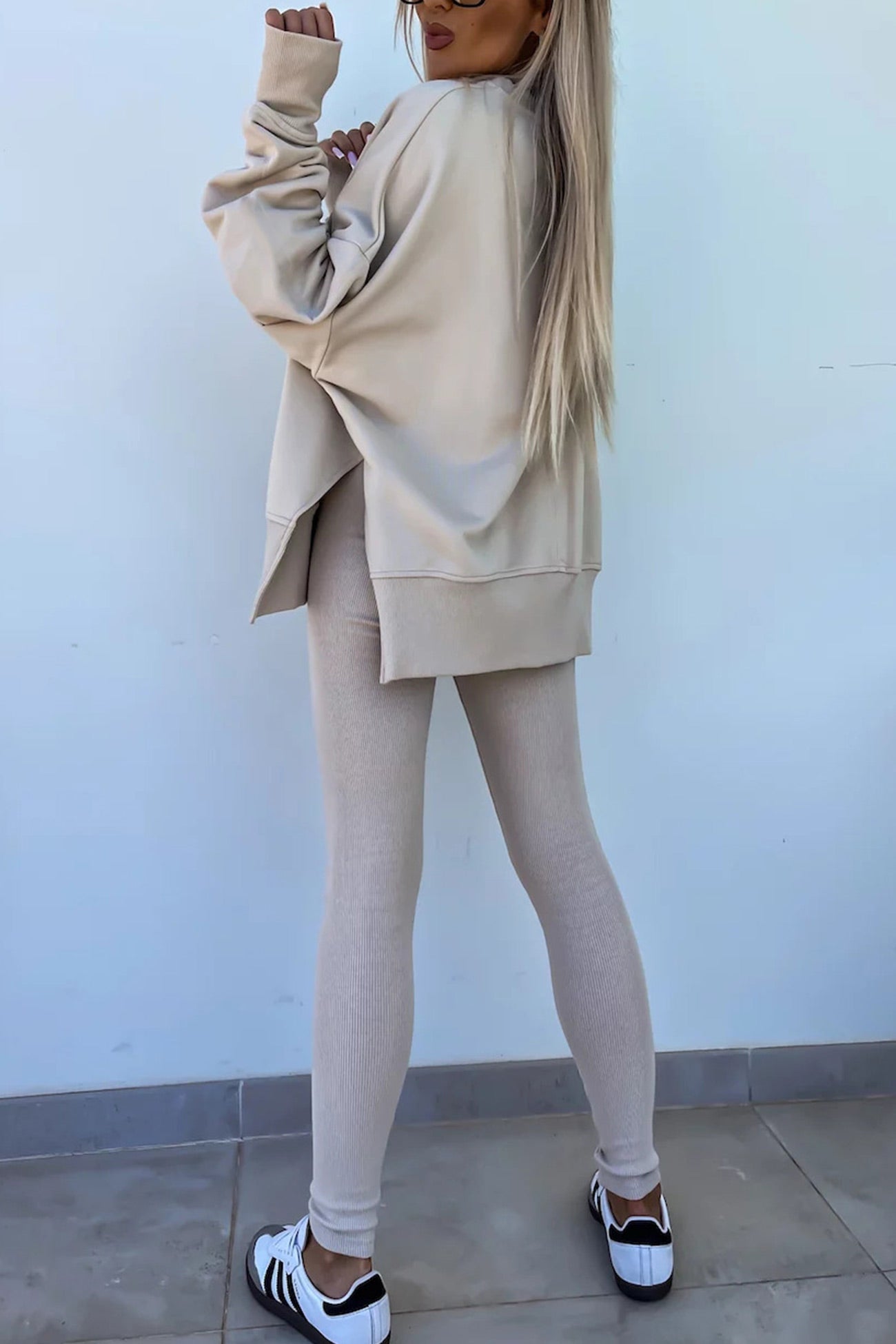 Crew Neck Slit Sweatshirt Legging Suits