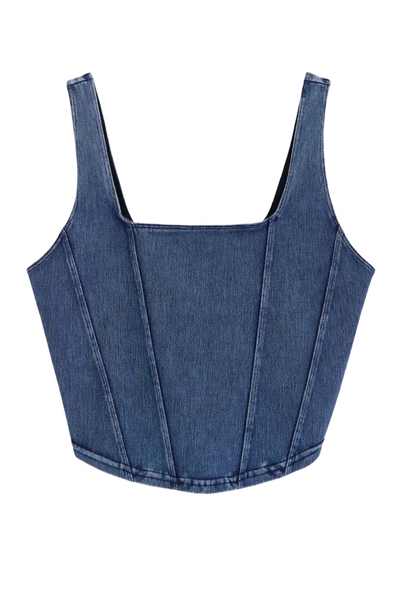 Denim Square Neck Detailed Seam Tank Top