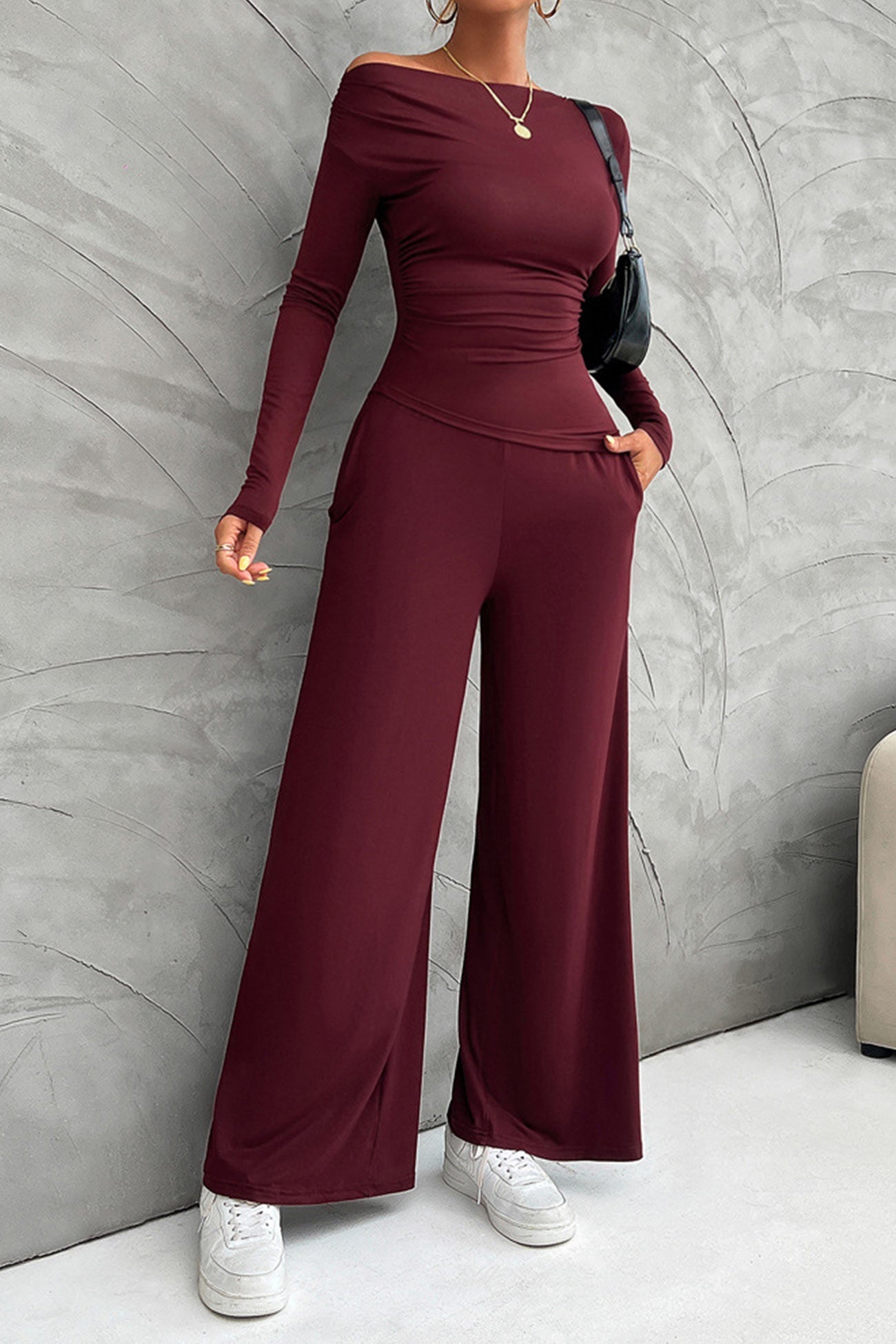 Drop Shoulder Tops Wide Leg Pants Set