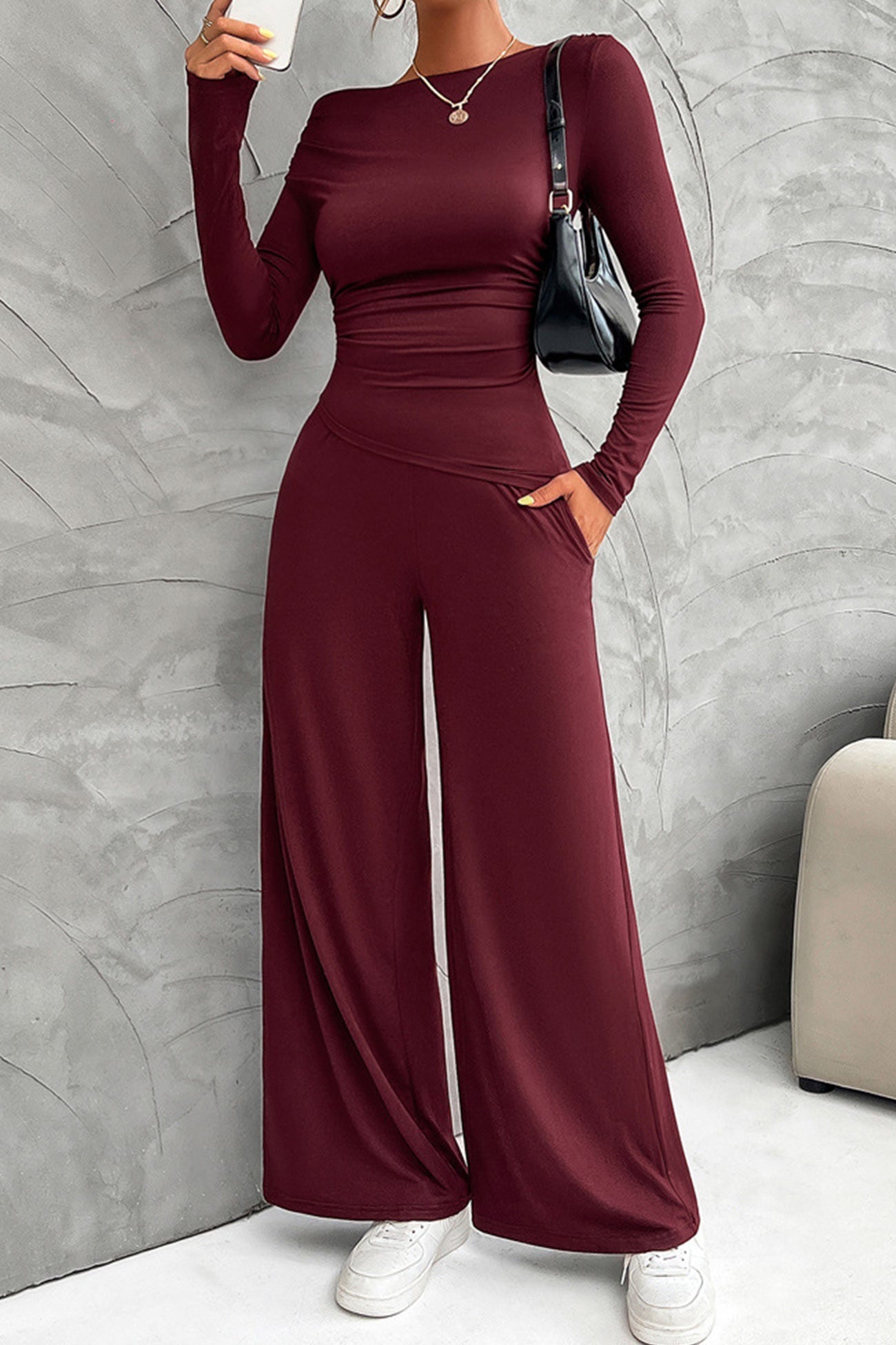 Drop Shoulder Tops Wide Leg Pants Set