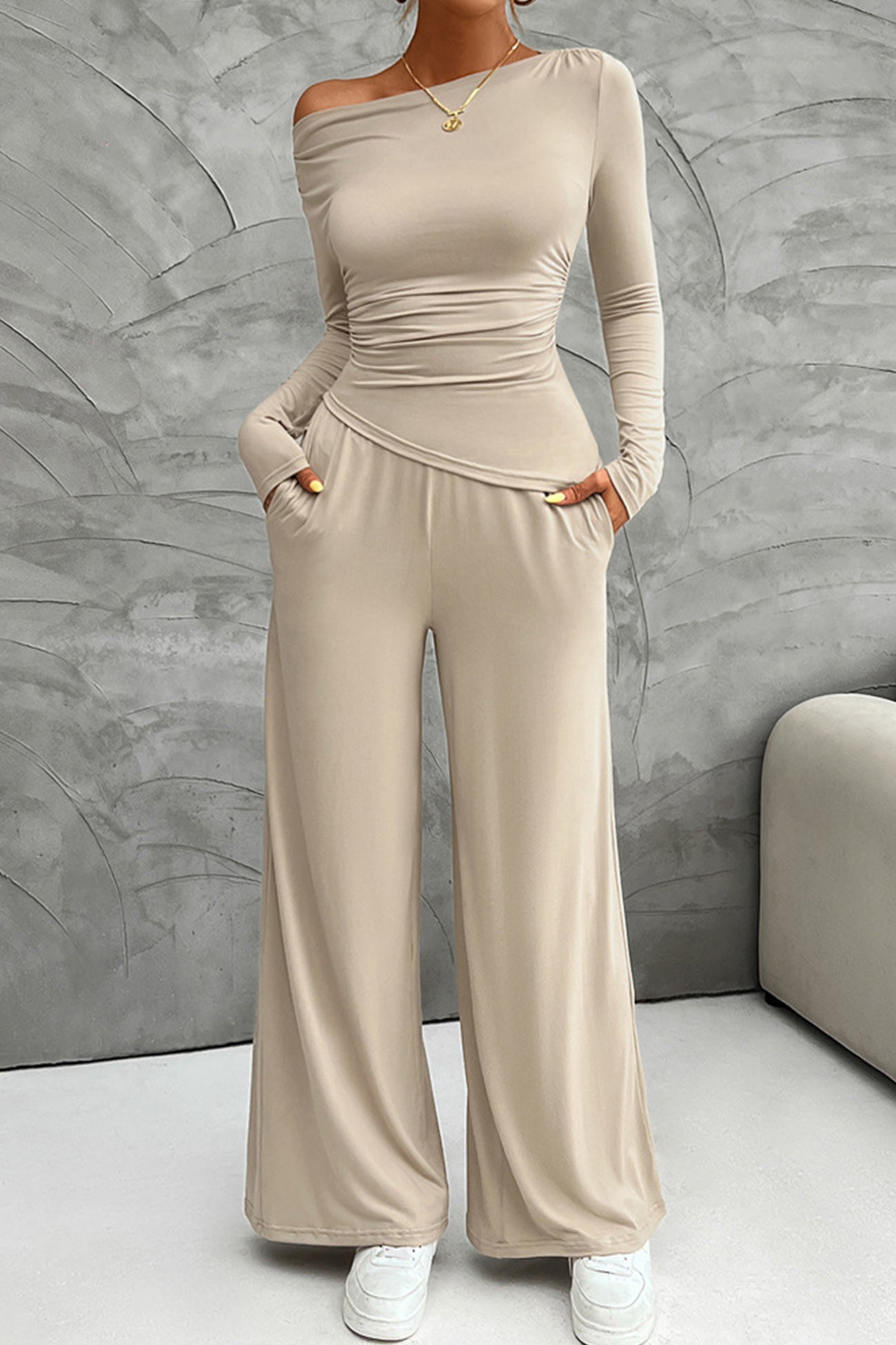 Drop Shoulder Tops Wide Leg Pants Set