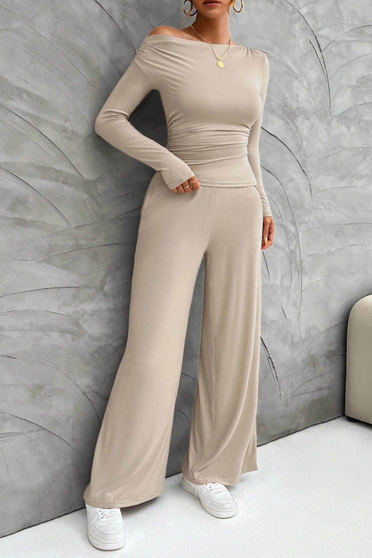 Drop Shoulder Tops Wide Leg Pants Set