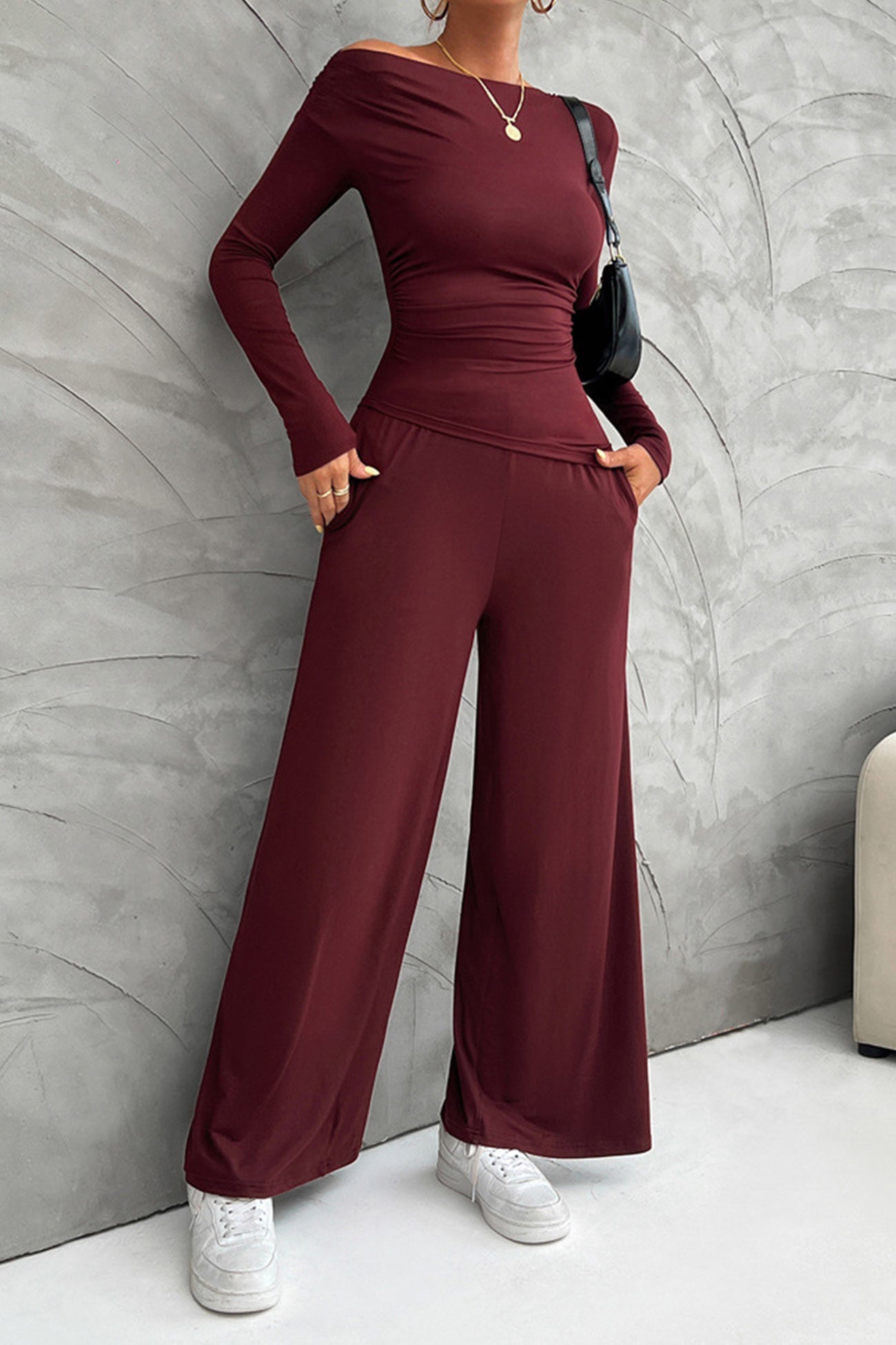 Drop Shoulder Tops Wide Leg Pants Set