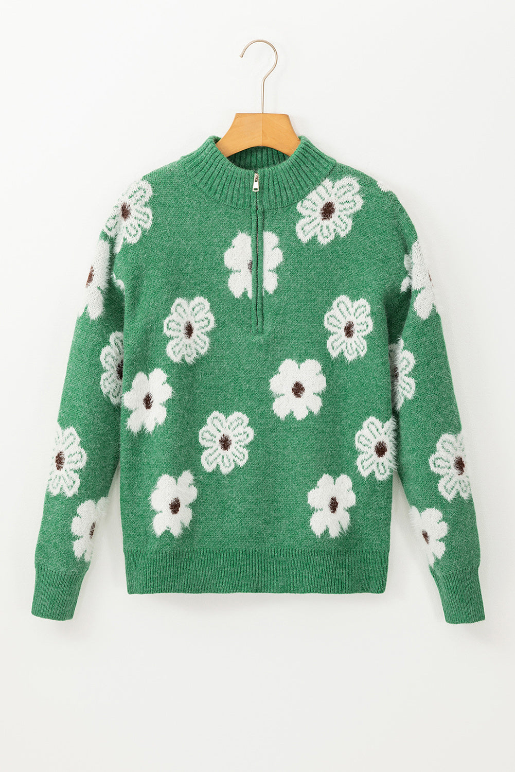 Floral Pattern Half Zip Drop Shoulder Sweater