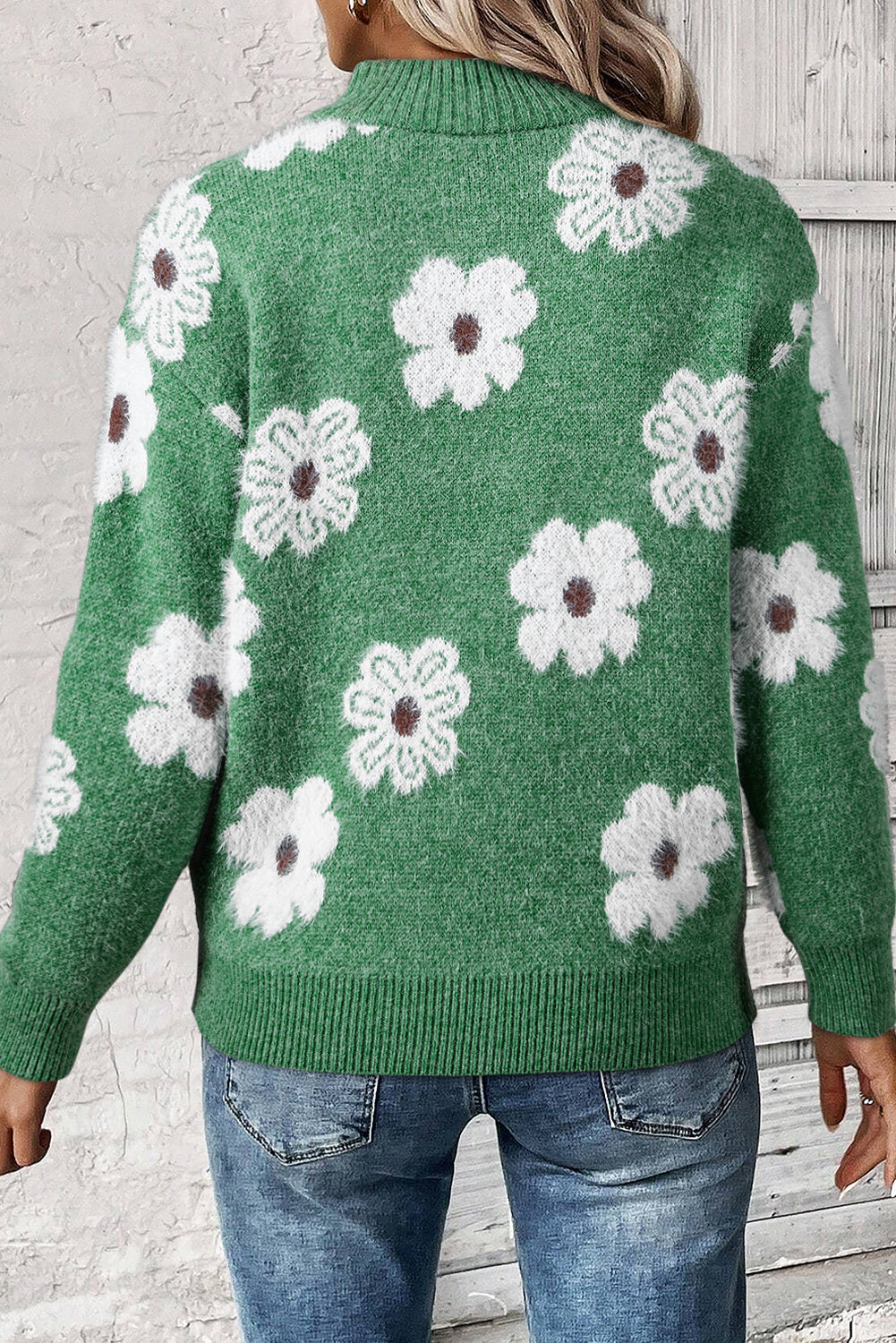 Floral Pattern Half Zip Drop Shoulder Sweater