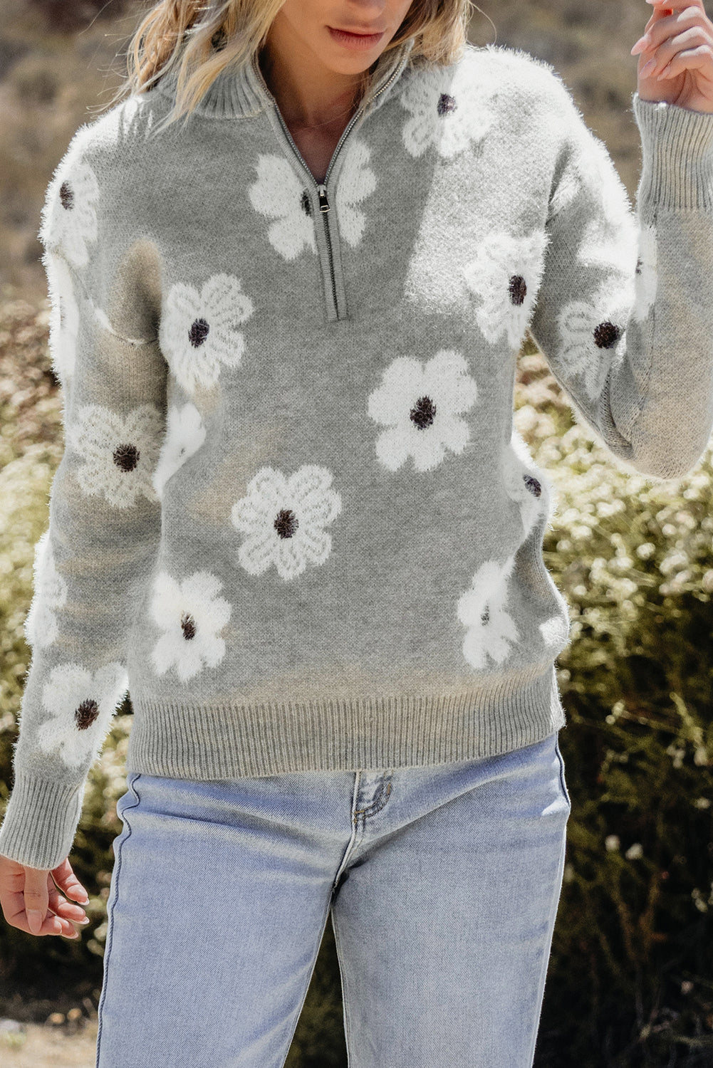 Floral Pattern Half Zip Drop Shoulder Sweater