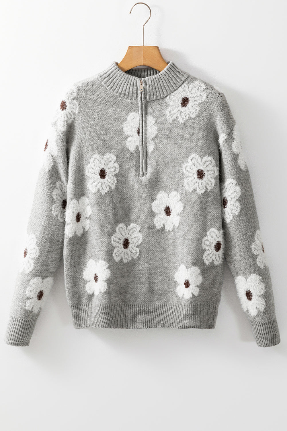 Floral Pattern Half Zip Drop Shoulder Sweater