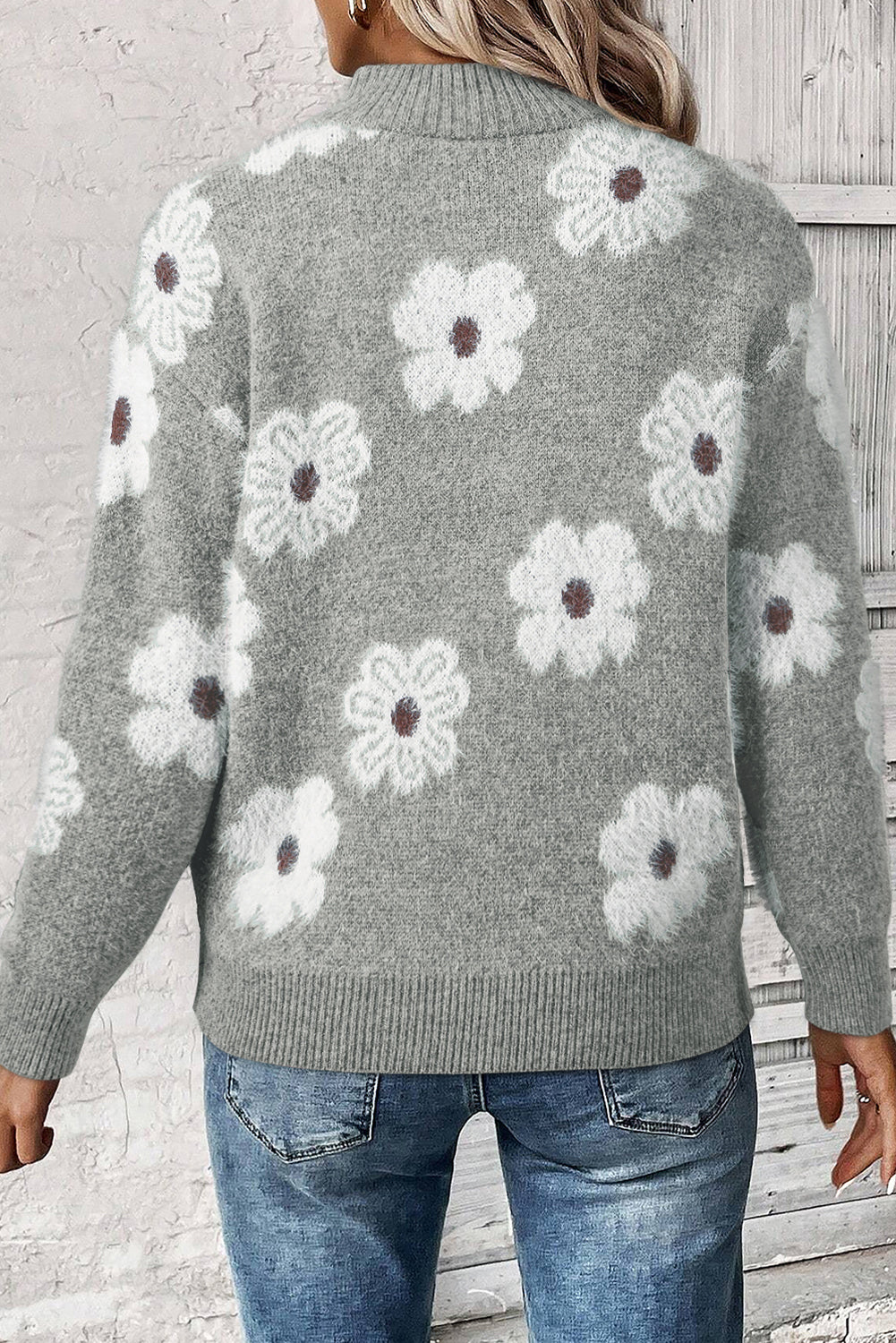 Floral Pattern Half Zip Drop Shoulder Sweater