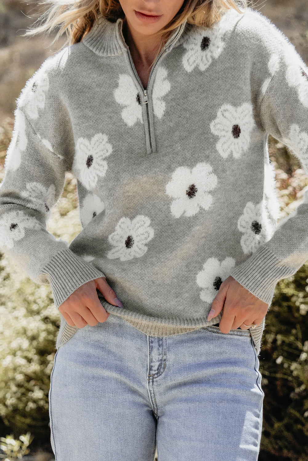 Floral Pattern Half Zip Drop Shoulder Sweater