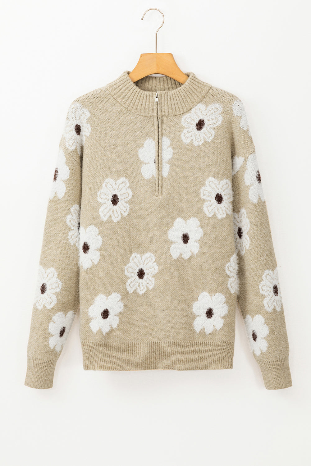 Floral Pattern Half Zip Drop Shoulder Sweater