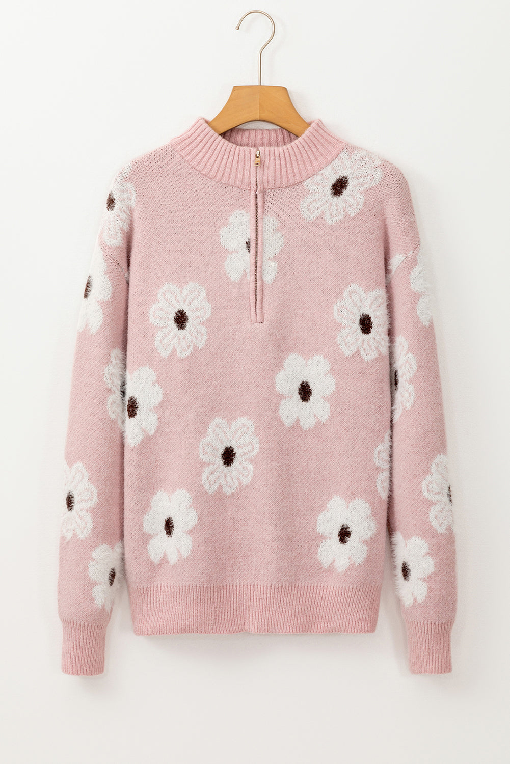 Floral Pattern Half Zip Drop Shoulder Sweater