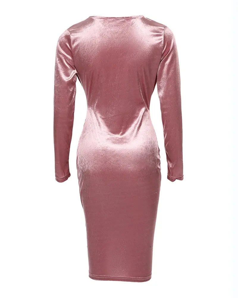 Velvet Long Sleeve Plunge Ruched Bodycon Dress