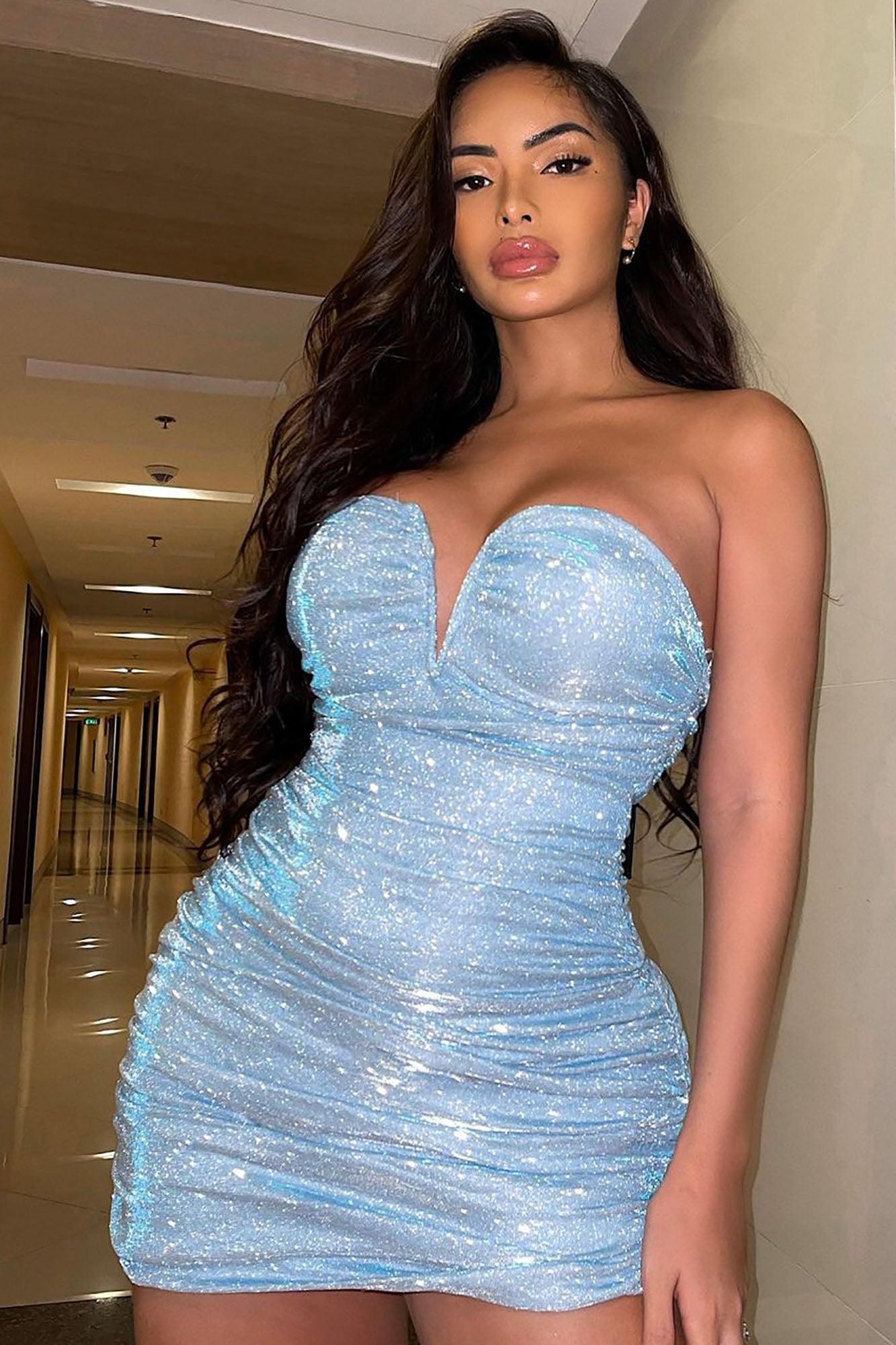 Light Blue Double Lined Metallic Mini Dress