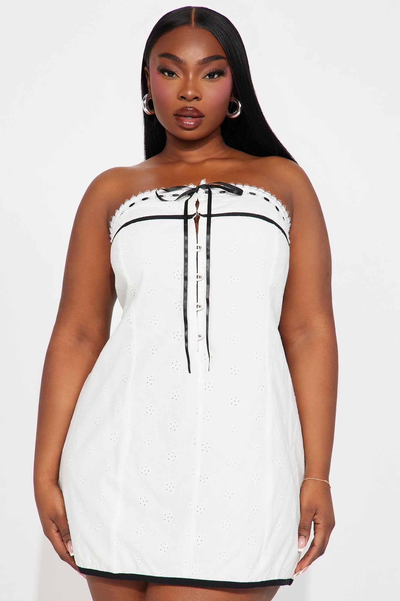 Eyelet Ribbon Lace Up Back Mini Dress