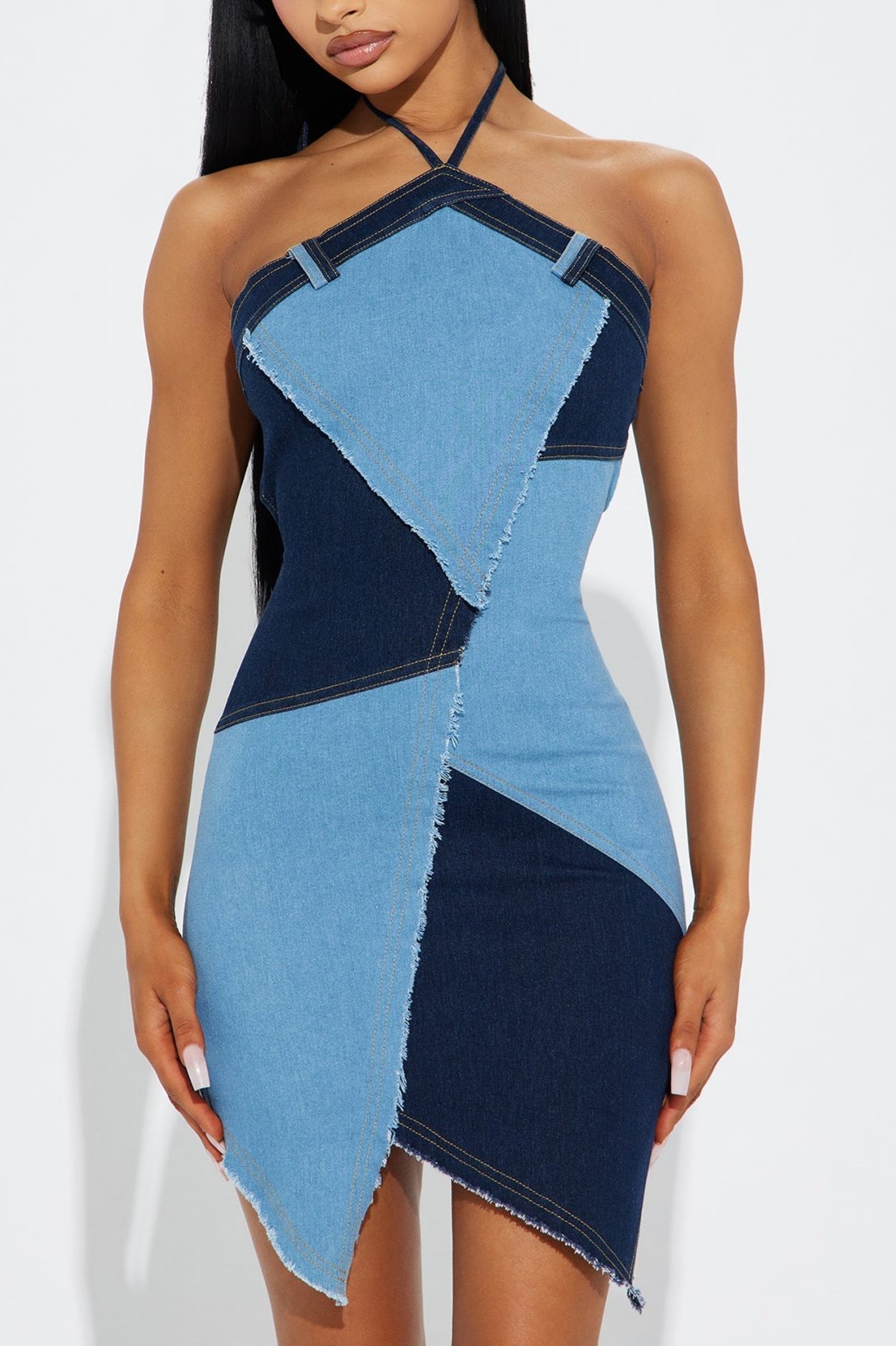 Denim Colorblock Pattern Mini Dress