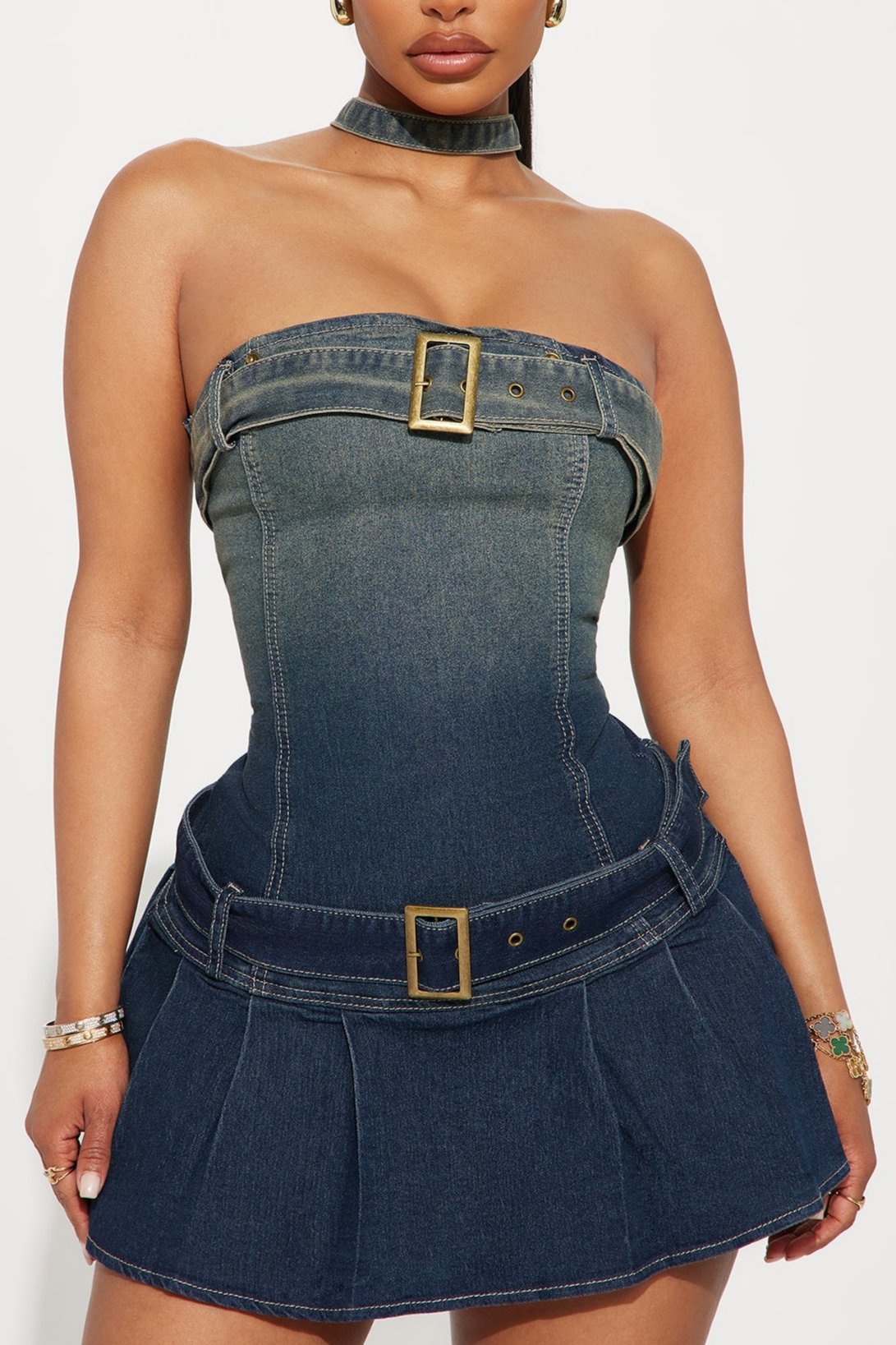 Denim Strapless Choker Belt Mini Dress