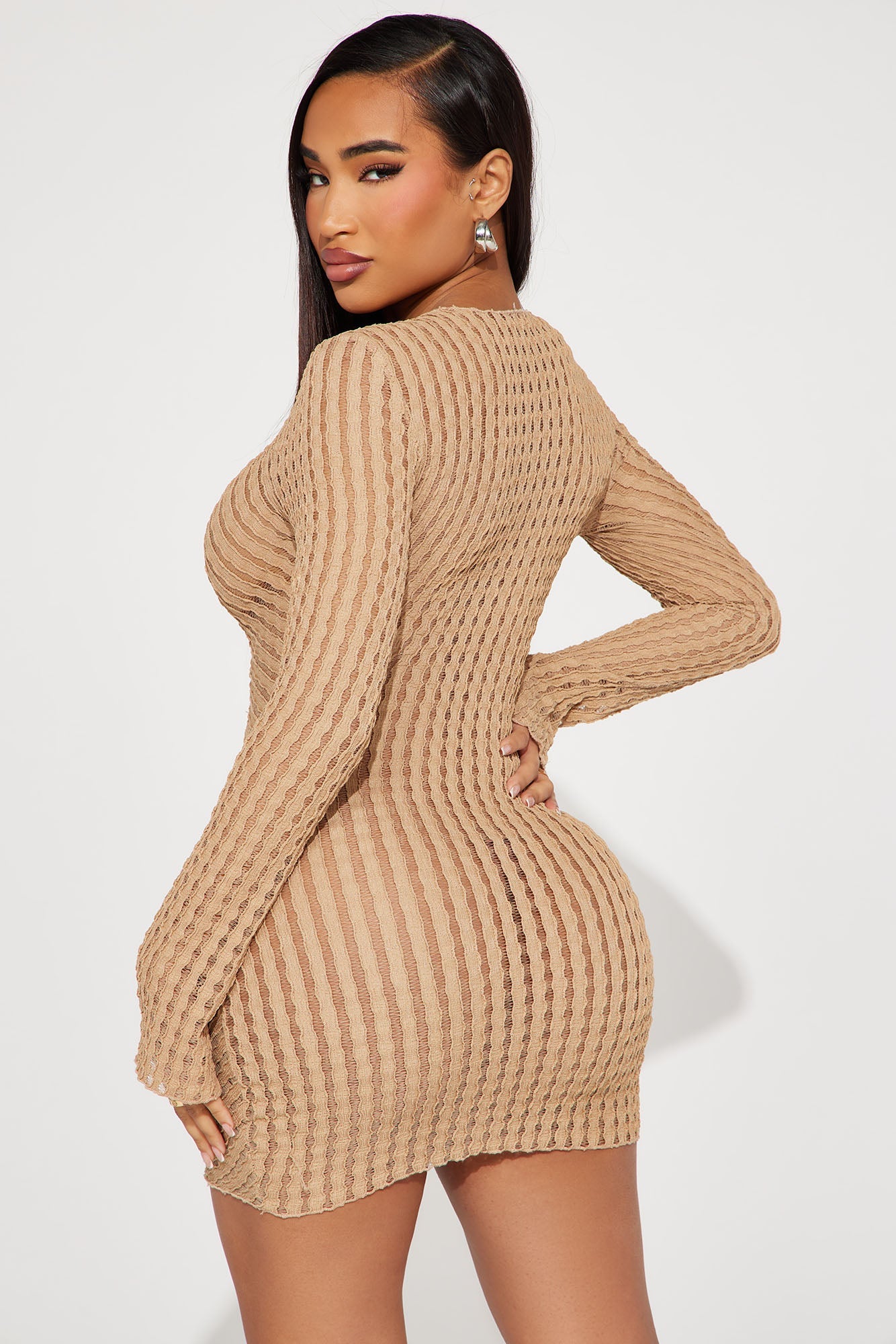 High Crew Neck Textured Mini Dress