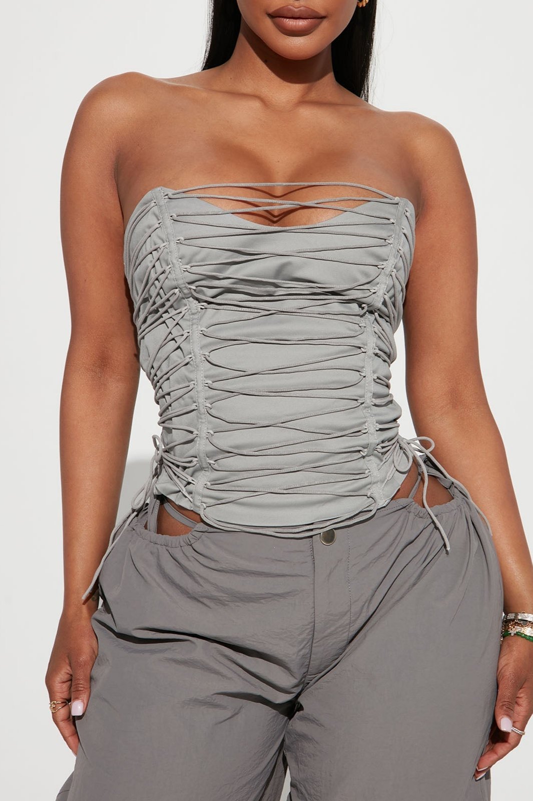 Gray Scoop Neck Back Zipper Strappy Corset Top