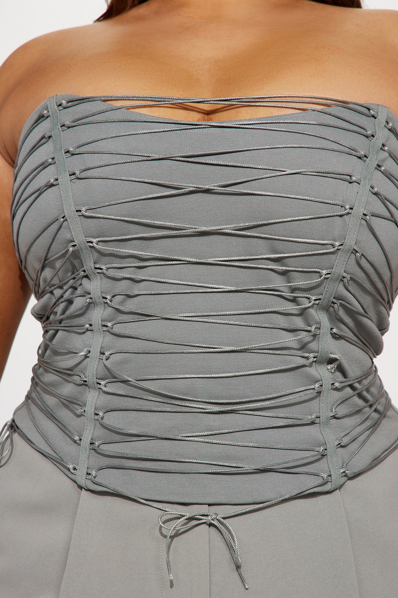 Gray Scoop Neck Back Zipper Strappy Corset Top